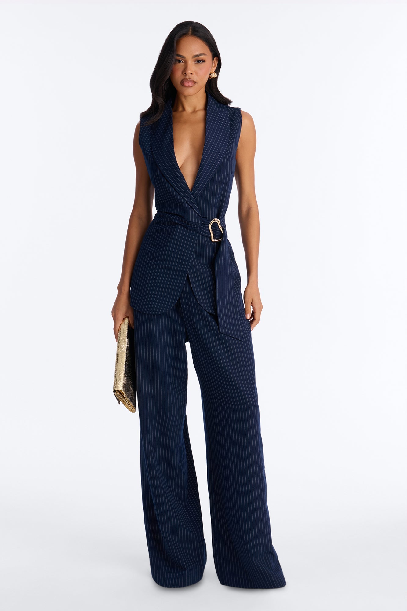 Caroline Pinstripe Vest Pant Set - Navy