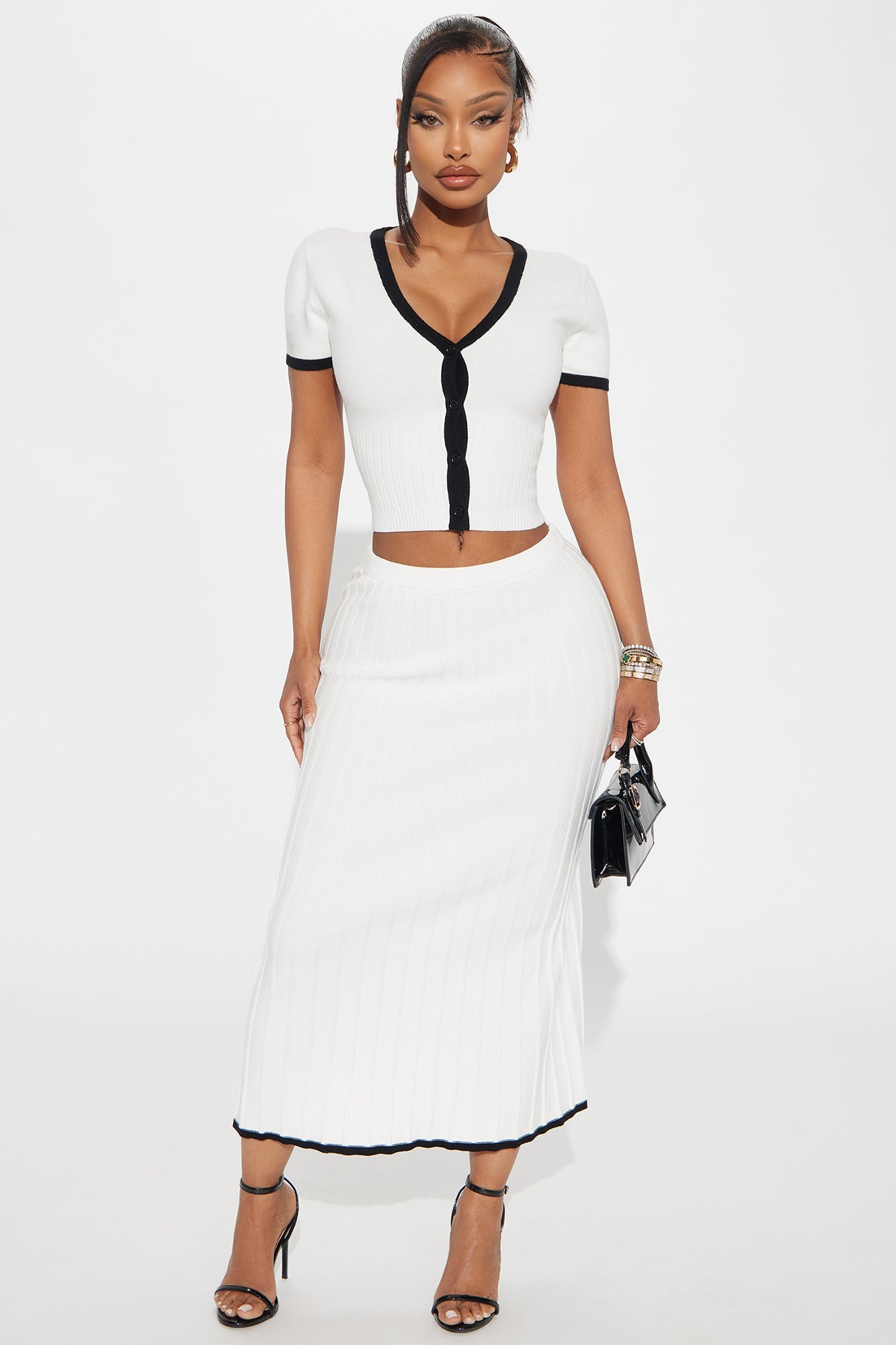 She's A Lady Sweater Skirt Set - White/Black