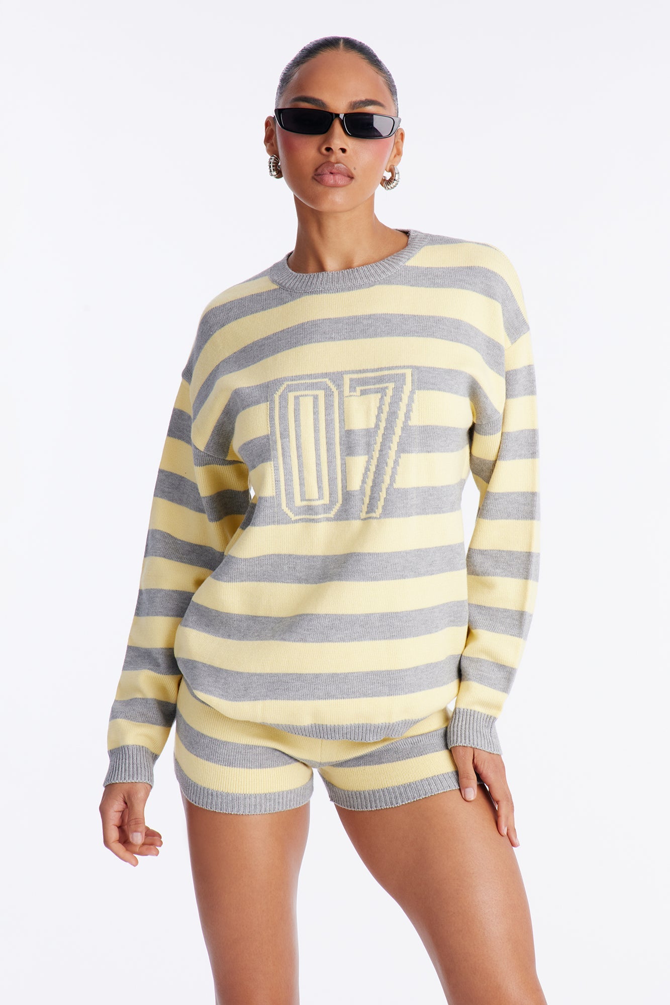 07' Babe Striped Sweater Short Set - Yellow/combo