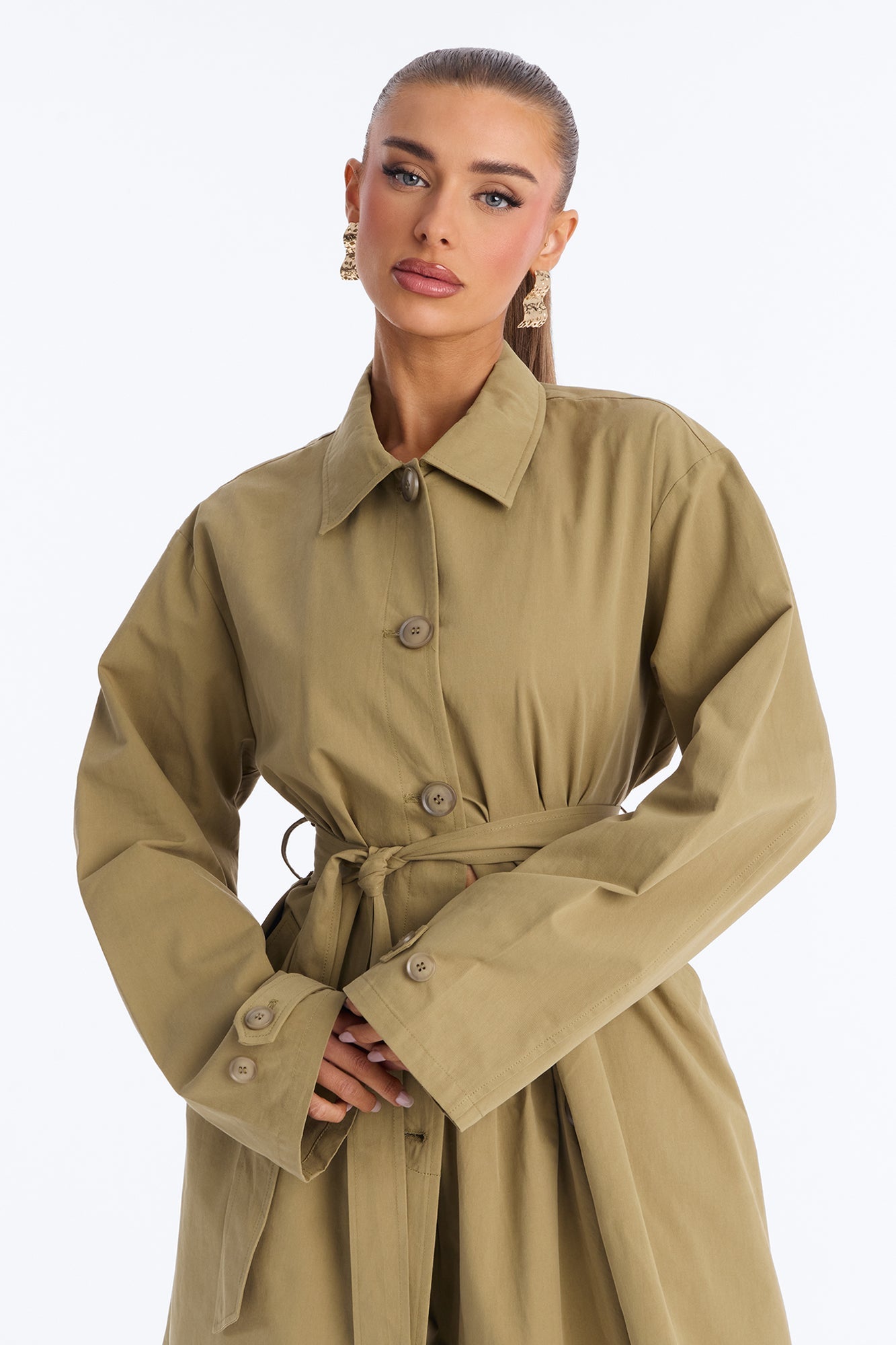 Down The Street Trench Coat Balloon Pant Set - Olive