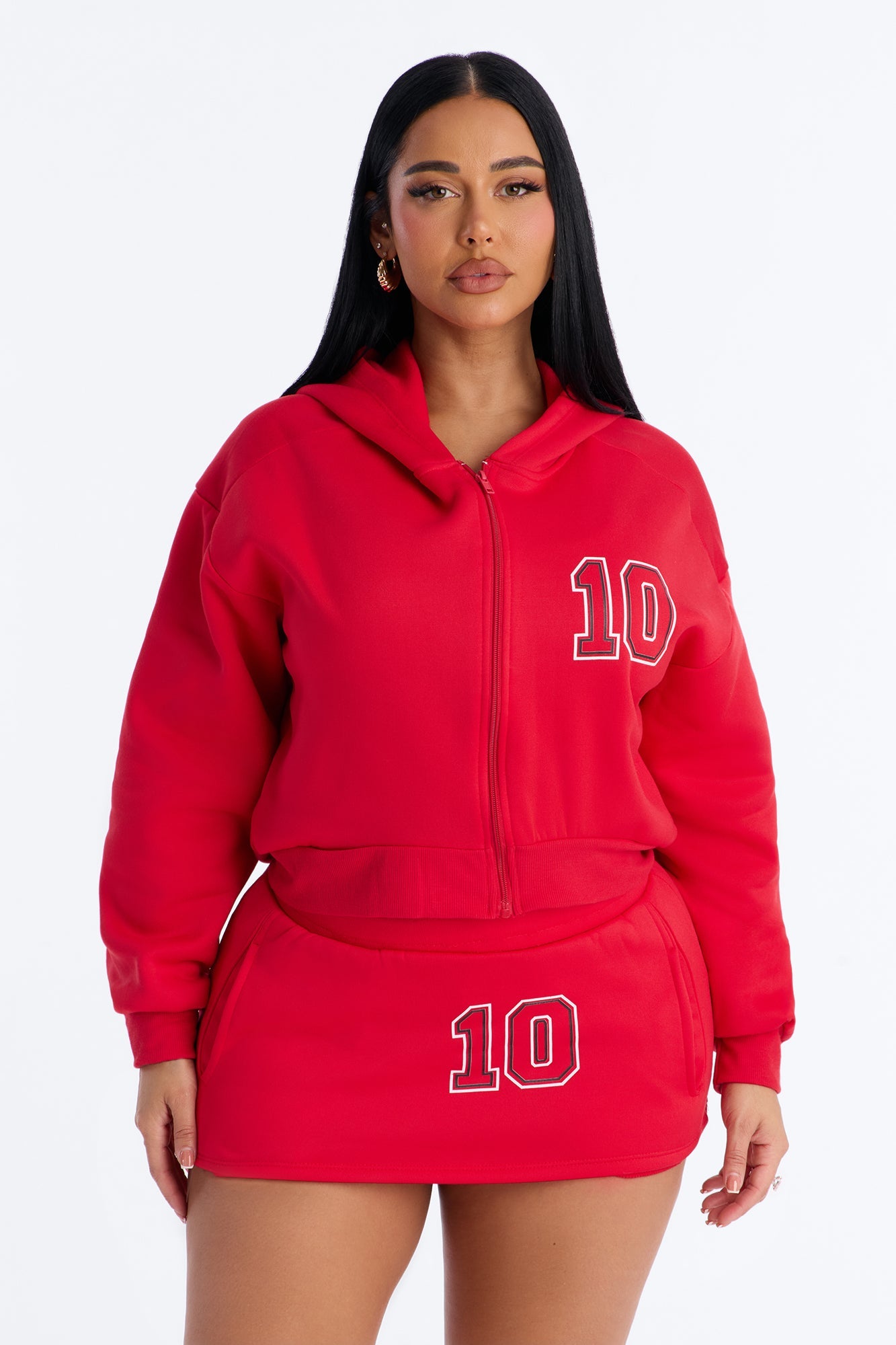 She's A Ten Zip Up Hoodie Mini Skirt Set - Red