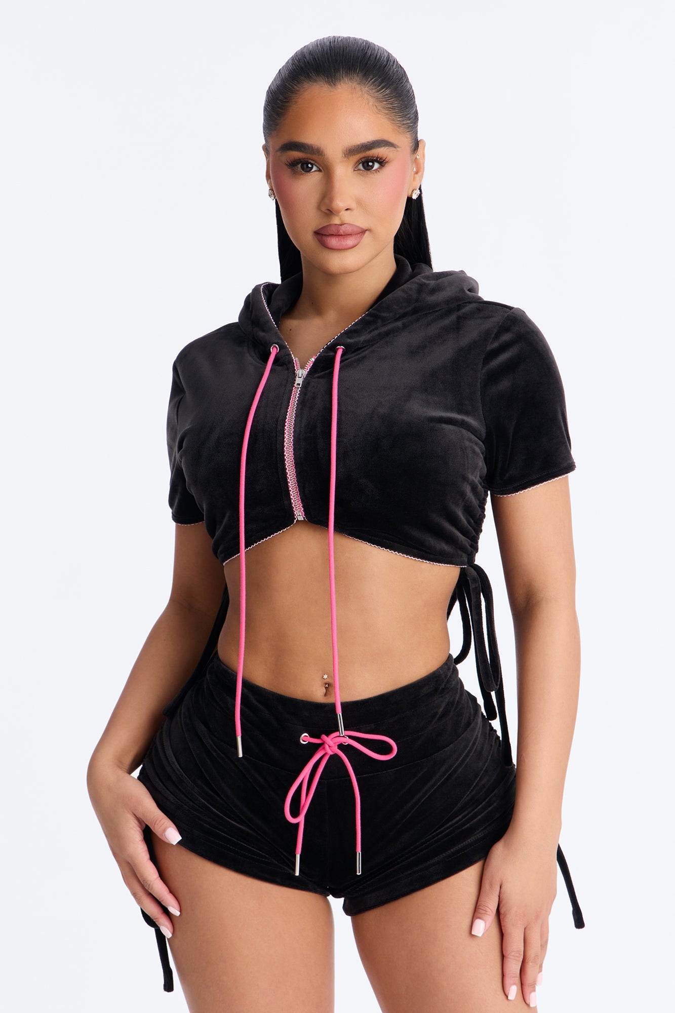 Riley Velour Ruched Short Set - Black/combo