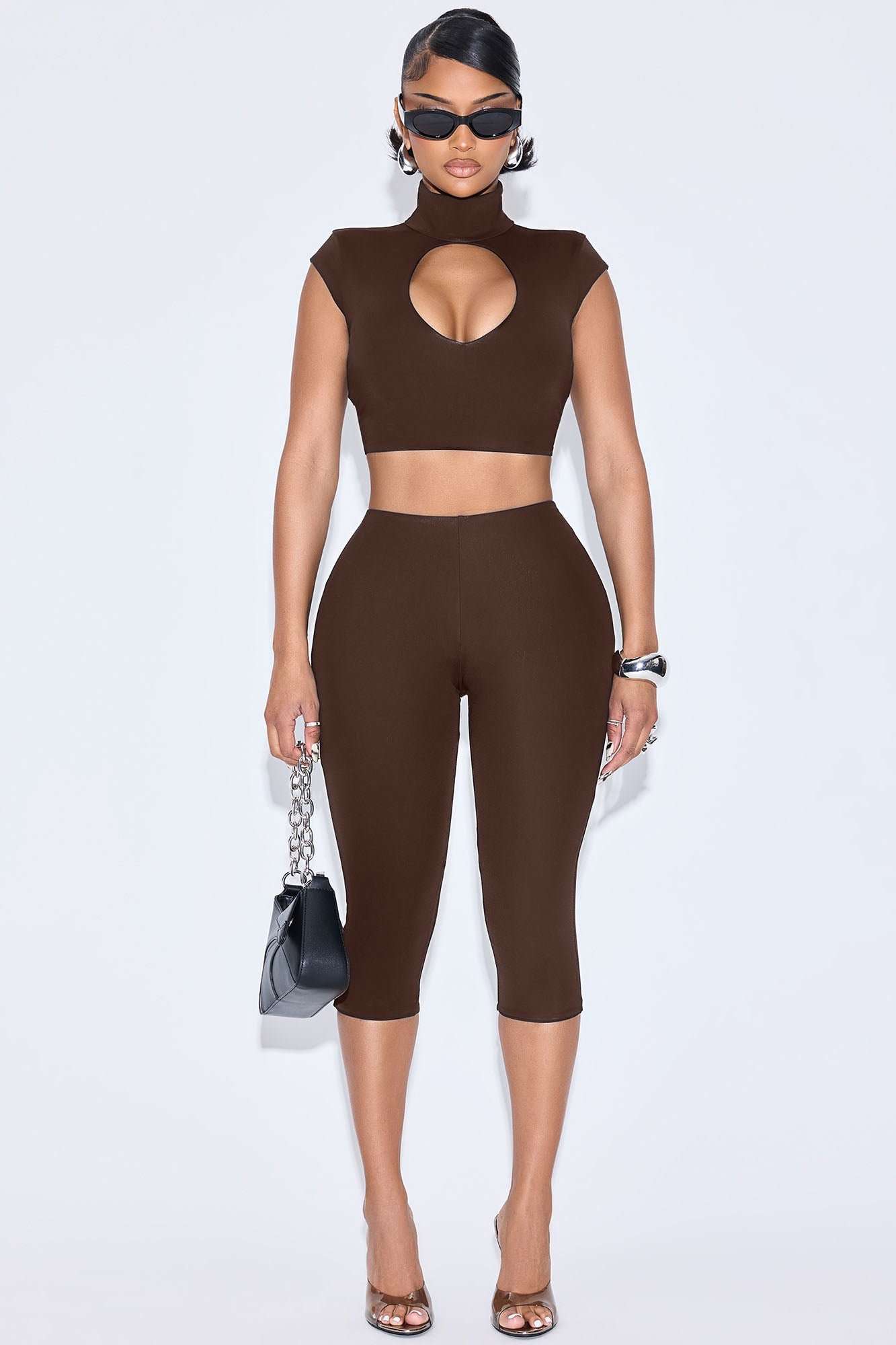 Jayla Double Lined Capri Pant Set - Chocolate