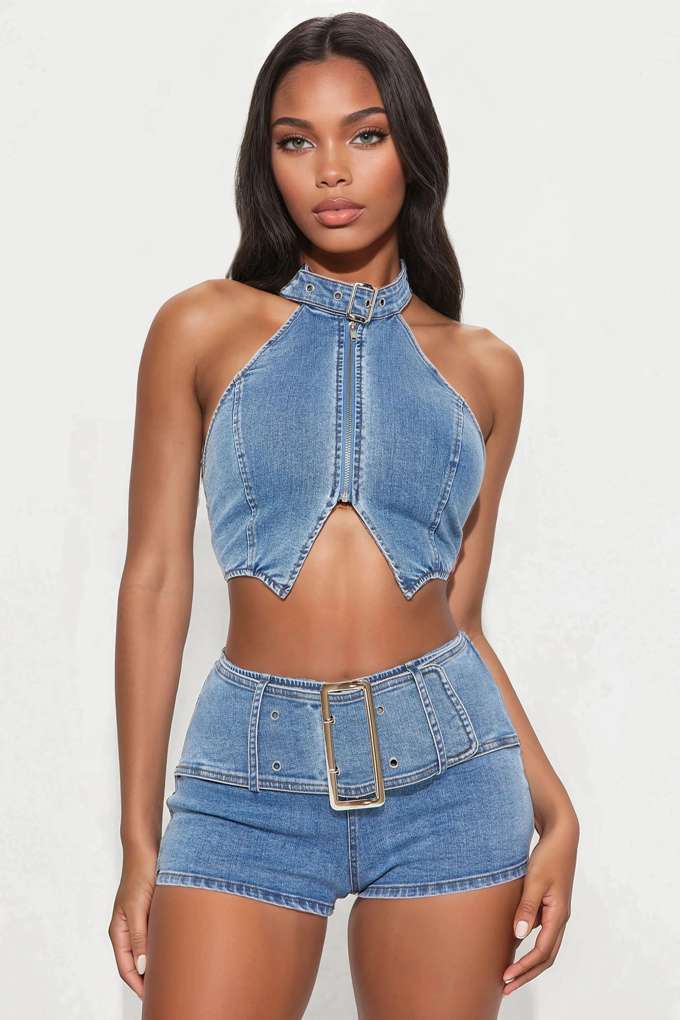 Kayla Denim Micro Short Set - Light Wash