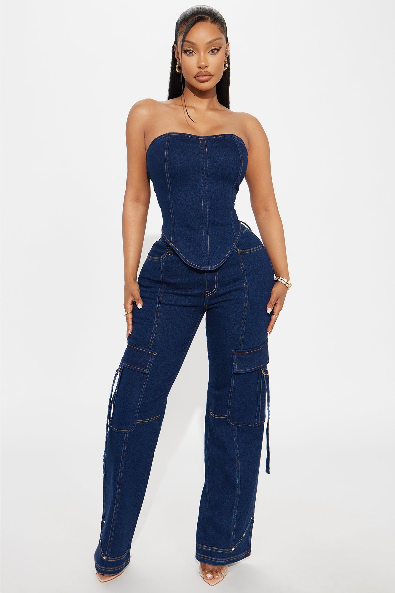 Denim Rebel Tube Top Wide Leg Pant Set - Dark Denim