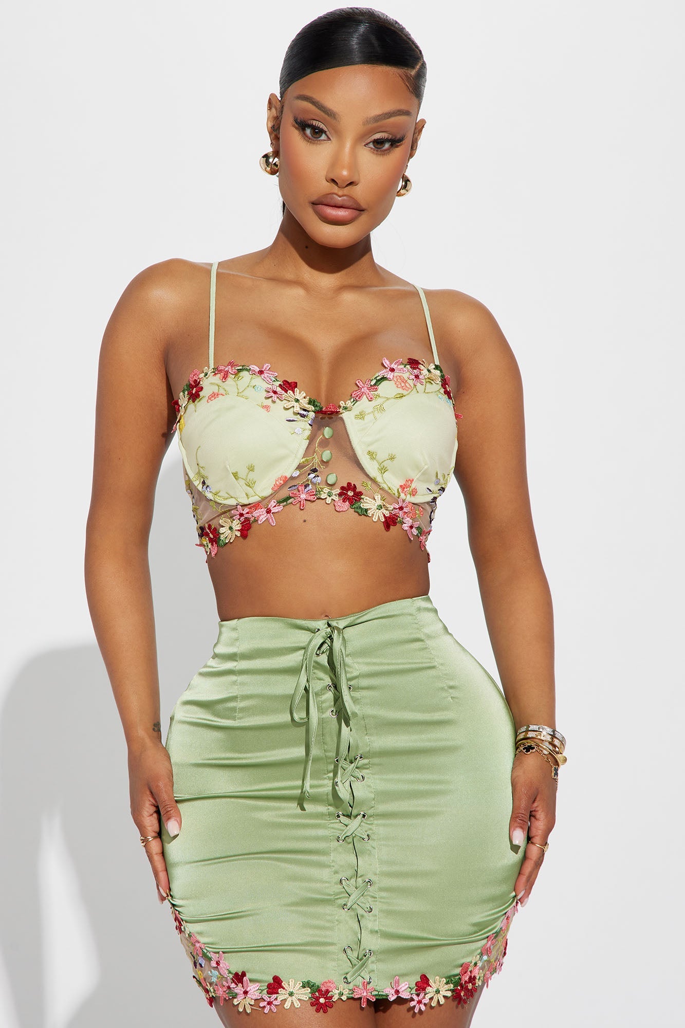Frenzy Flower Satin Skirt Set - Green