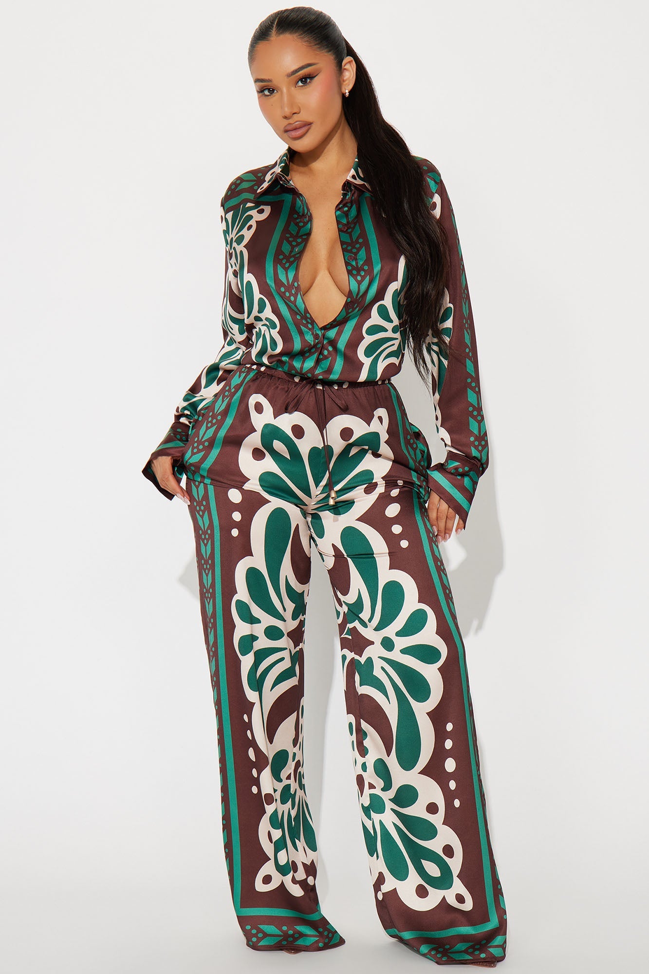 Taylor Satin Pant Set - Brown Combo