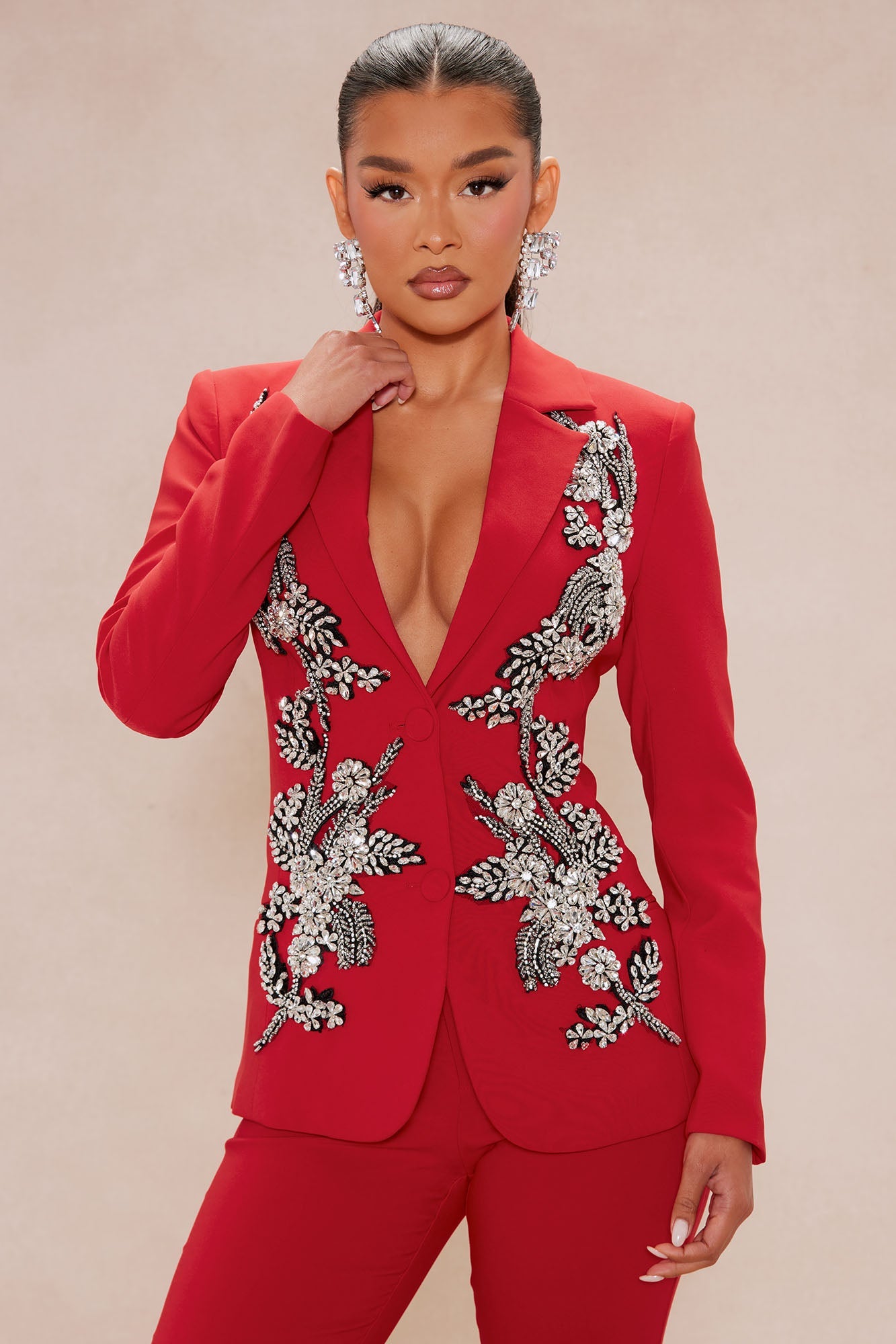 Elegant Embellished Blazer Suit Set - DarkRed