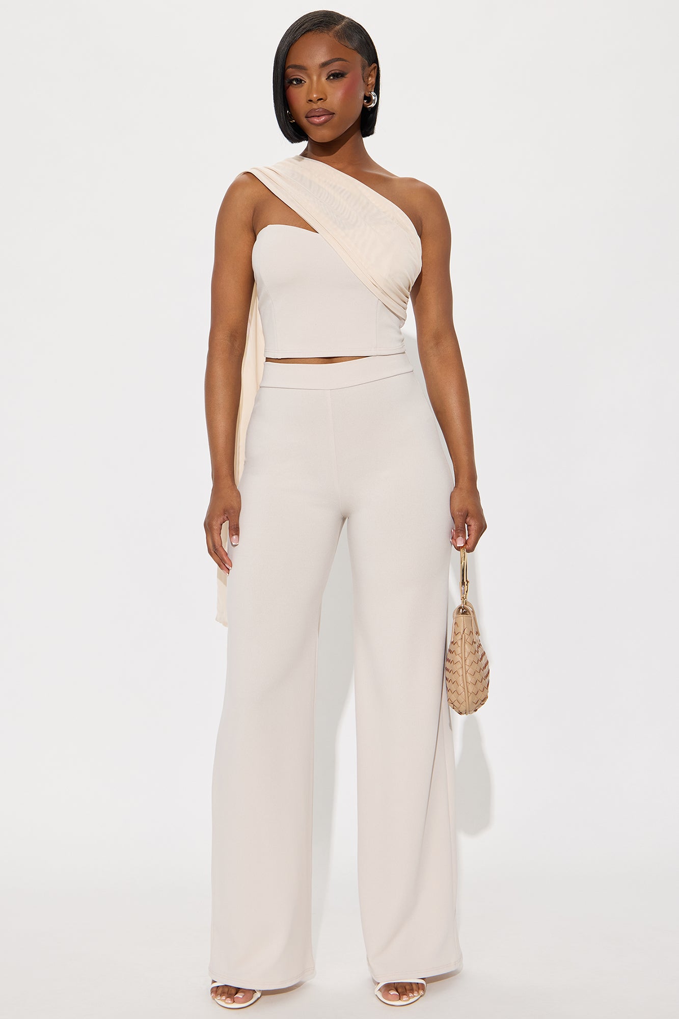 Karley One Shoulder Scarf Pant Set - Taupe