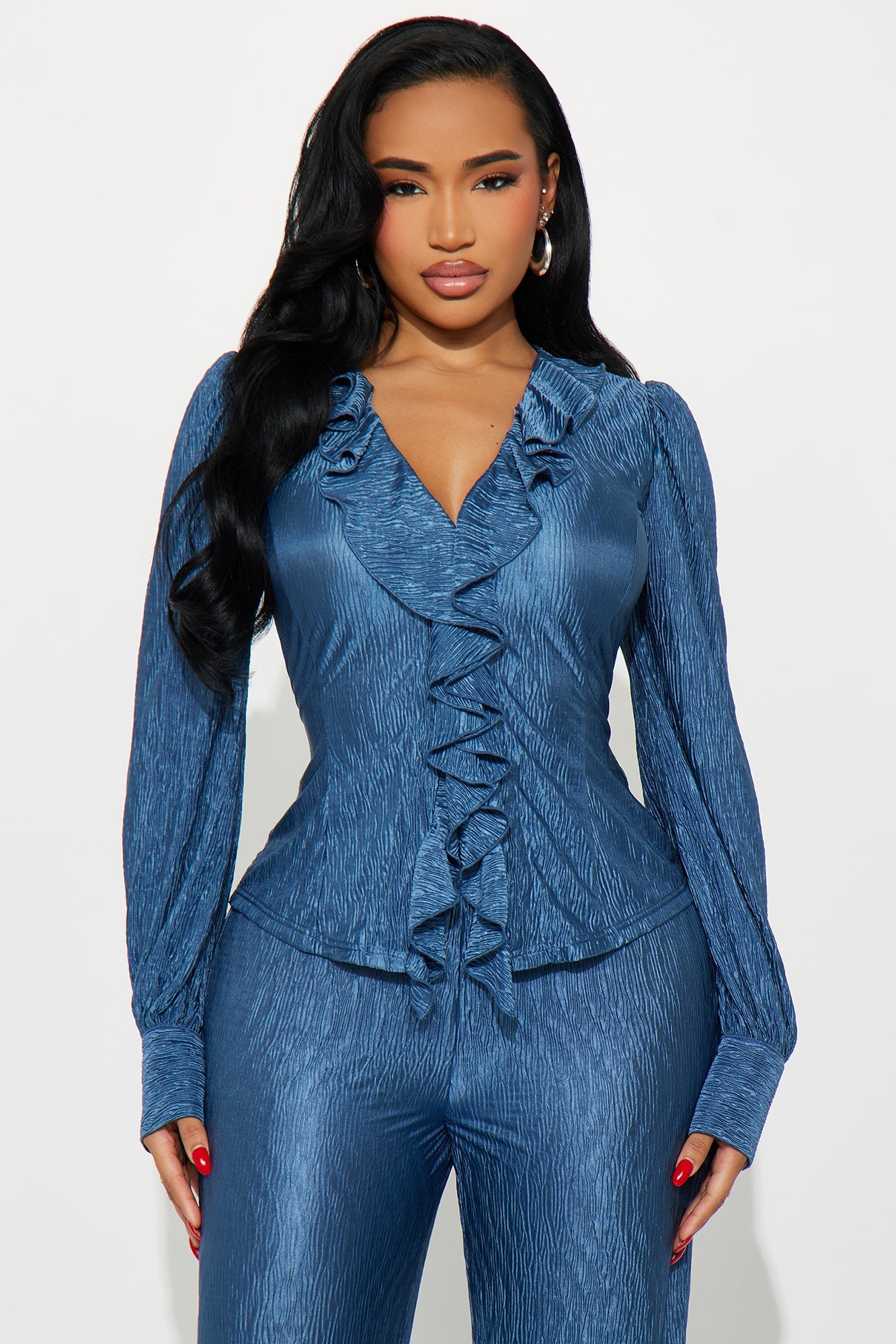 Sabine Plisse Ruffle Pant Set - Blue