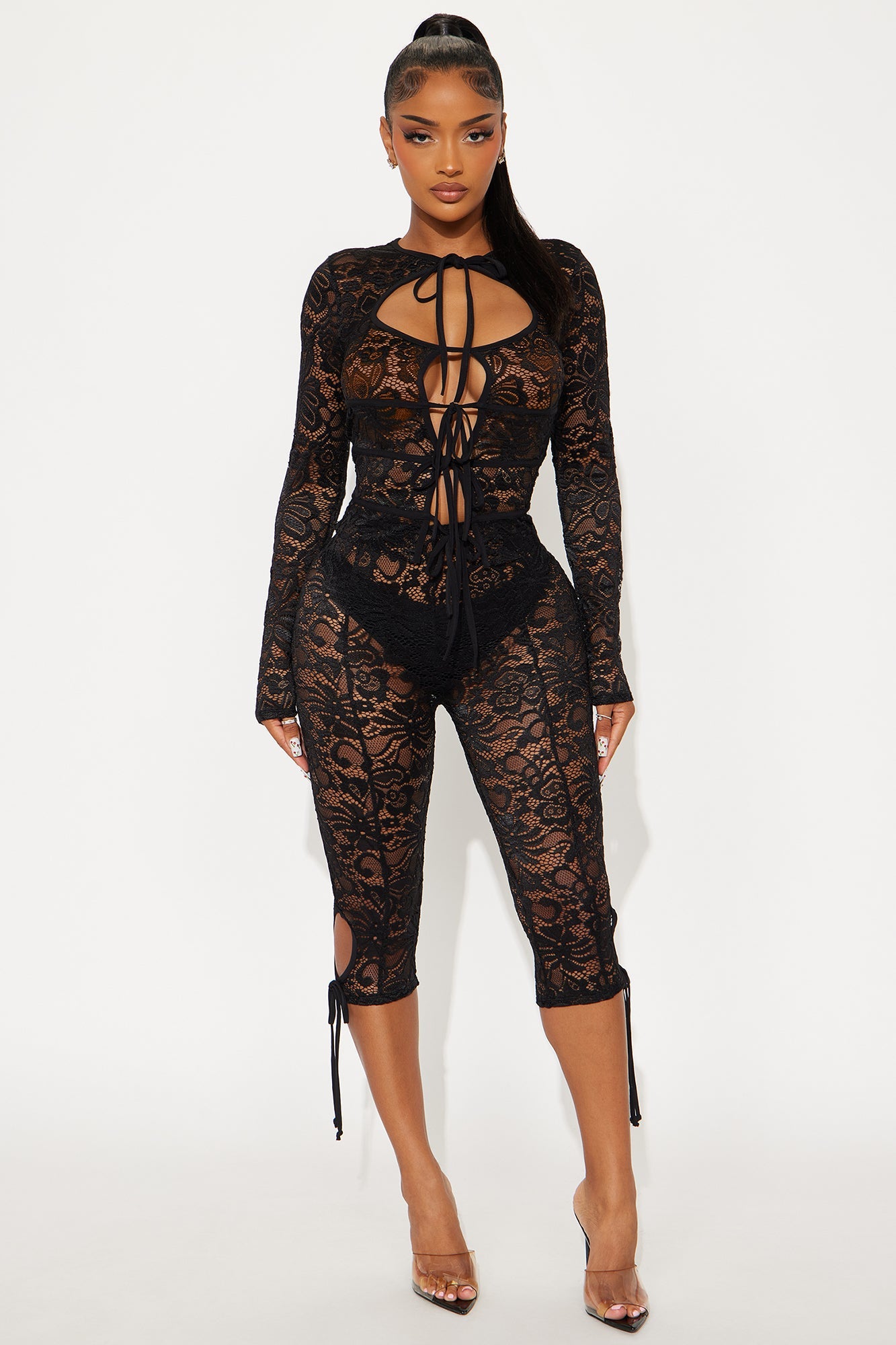 Lora Lace Long Sleeve Capri Set - Black