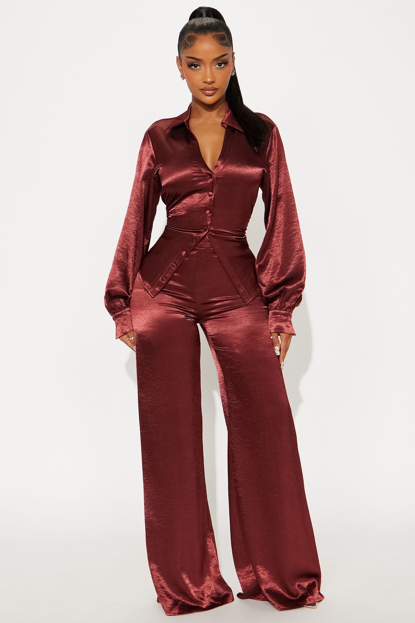Sydney Satin Shirt Pant Set - Burgundy