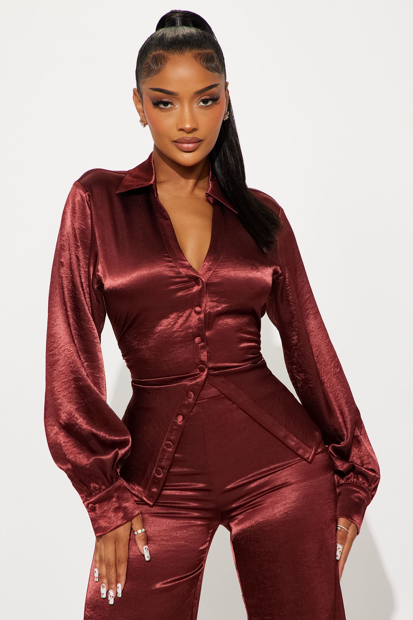 Sydney Satin Shirt Pant Set - Burgundy