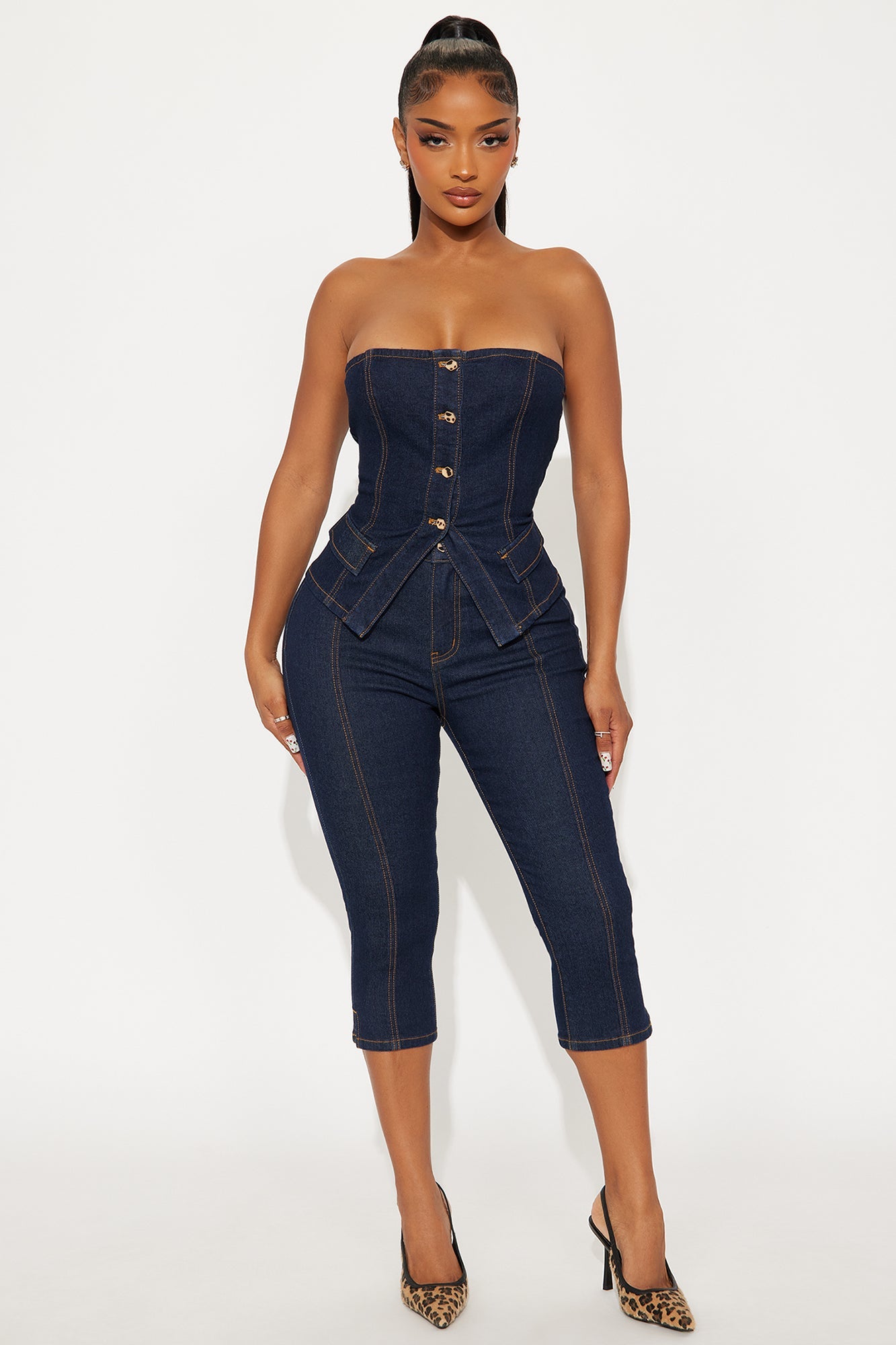 Perfectly Prepped Denim Capri Set - Dark Denim