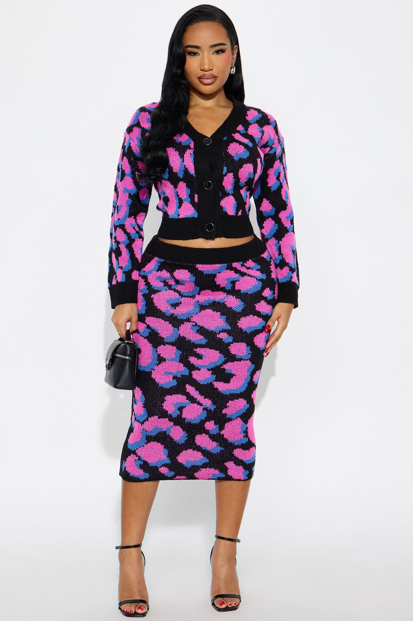 Purr Pressure Leopard Sweater Cardigan Skirt Set - Pink/combo