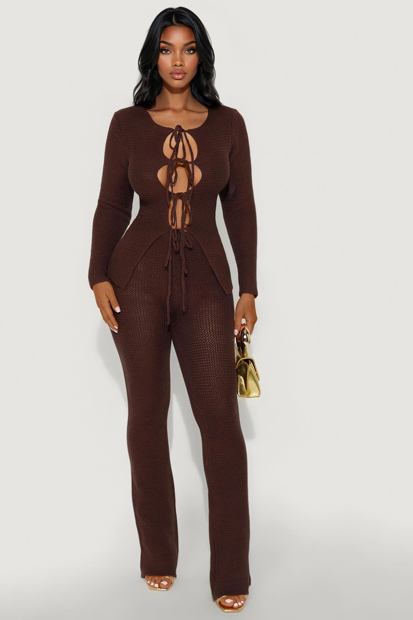 Annabelle Sweater Cardigan Pant Set - Chocolate