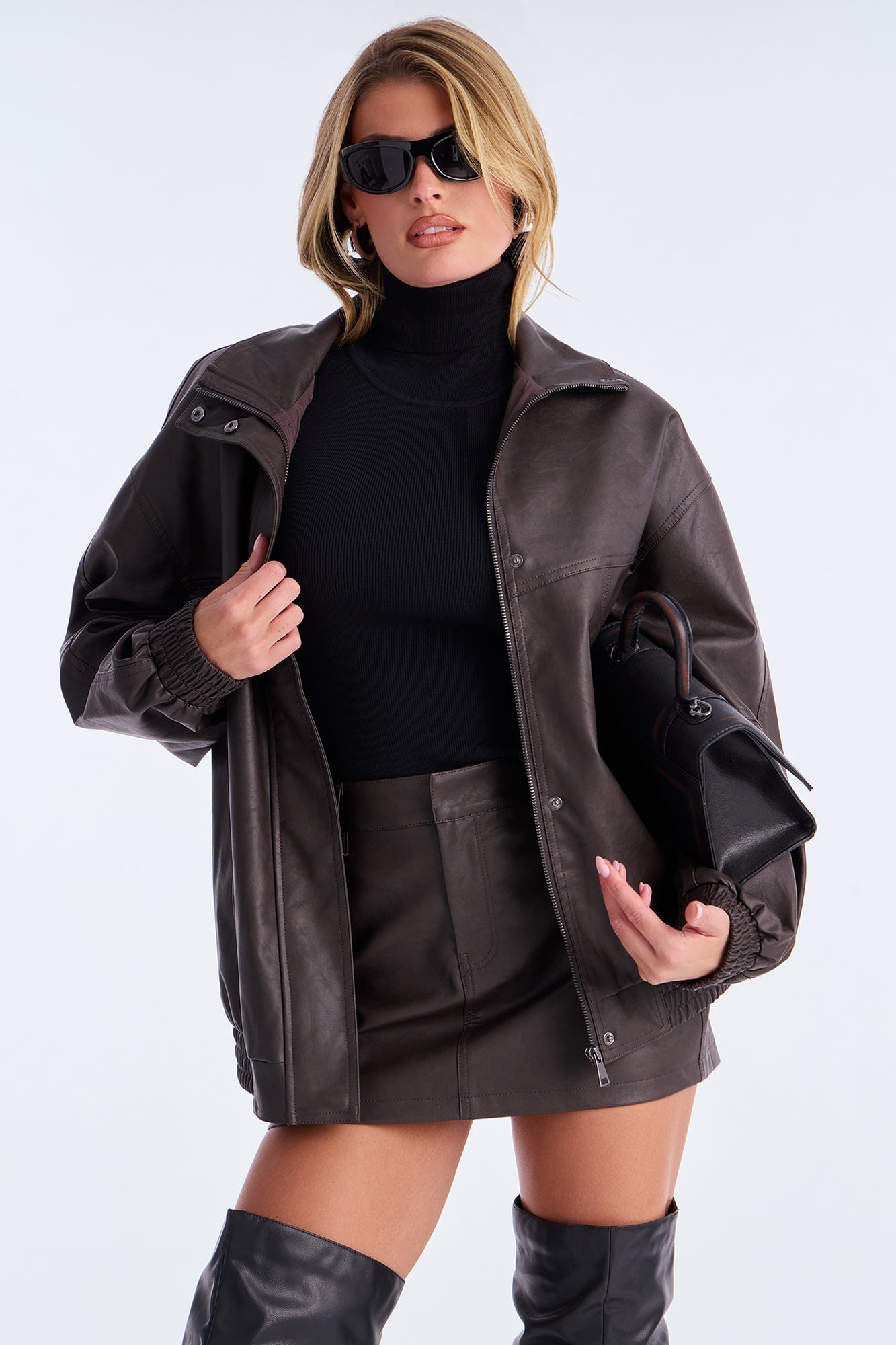 Callie Faux Leather Jacket Skirt Set - Chocolate