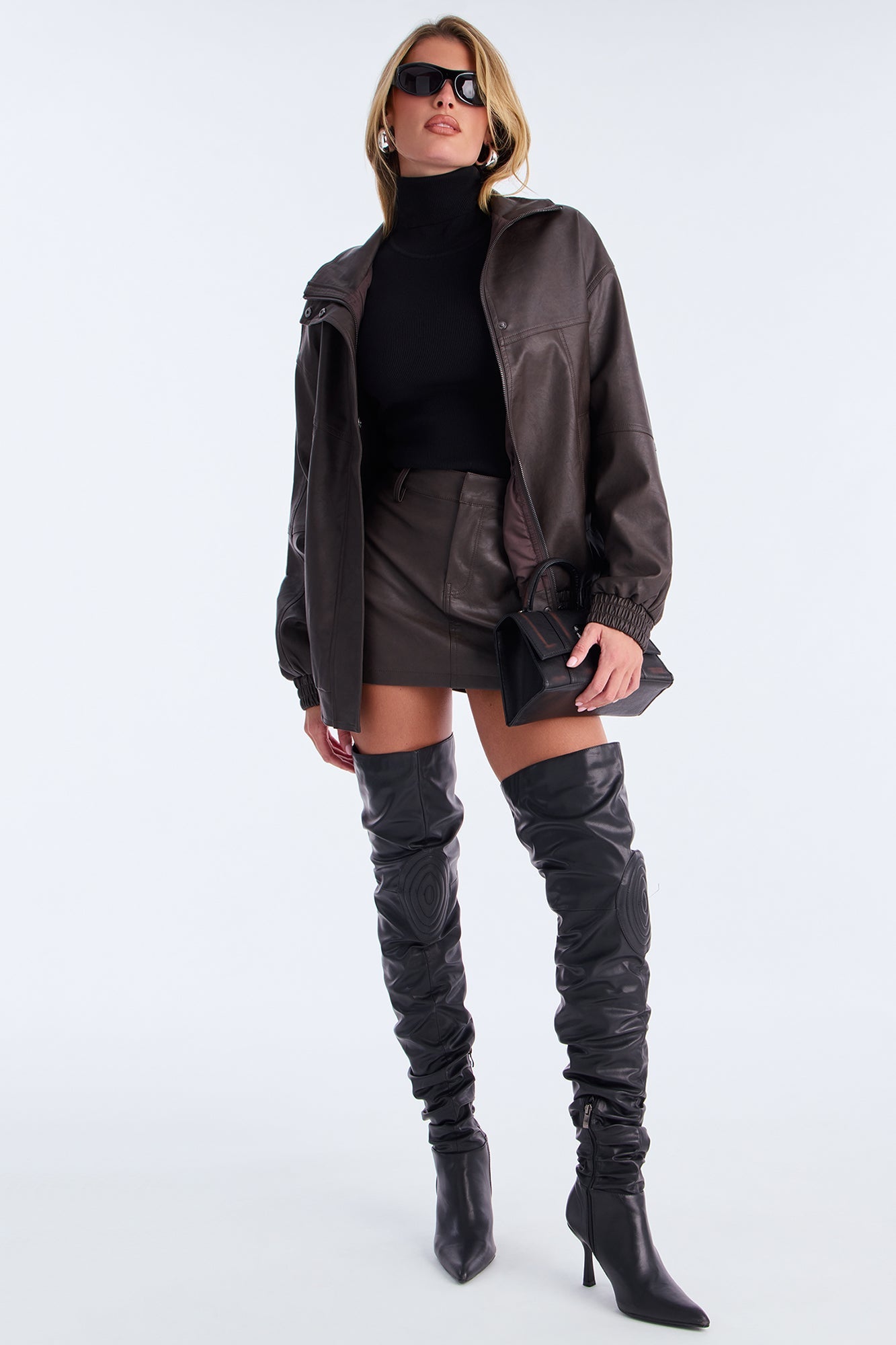 Callie Faux Leather Jacket Skirt Set - Chocolate