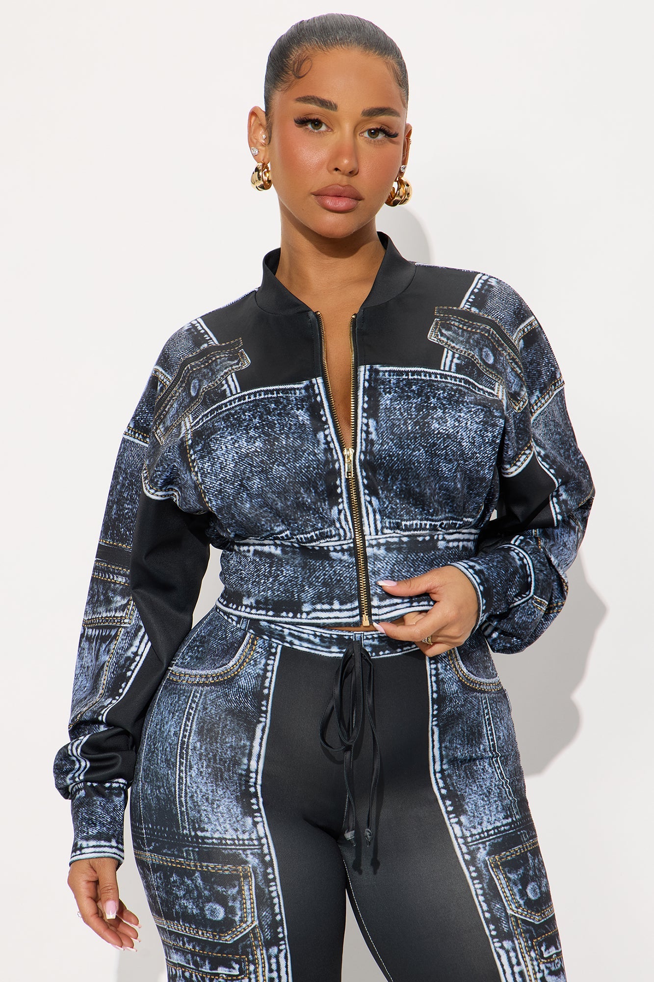 Give Me Details Denim Print Jacket Pant Set - Black/combo