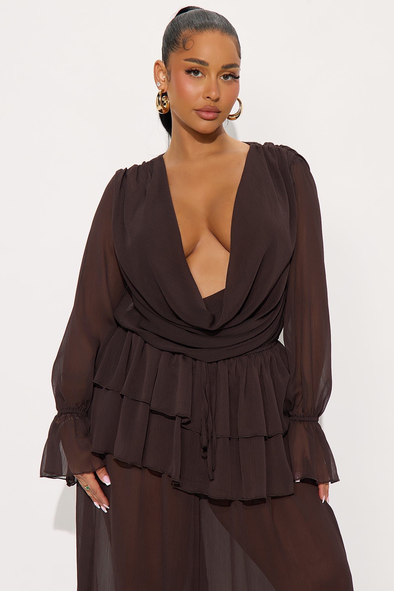Romantic Night Ruffle Pant Set - Chocolate