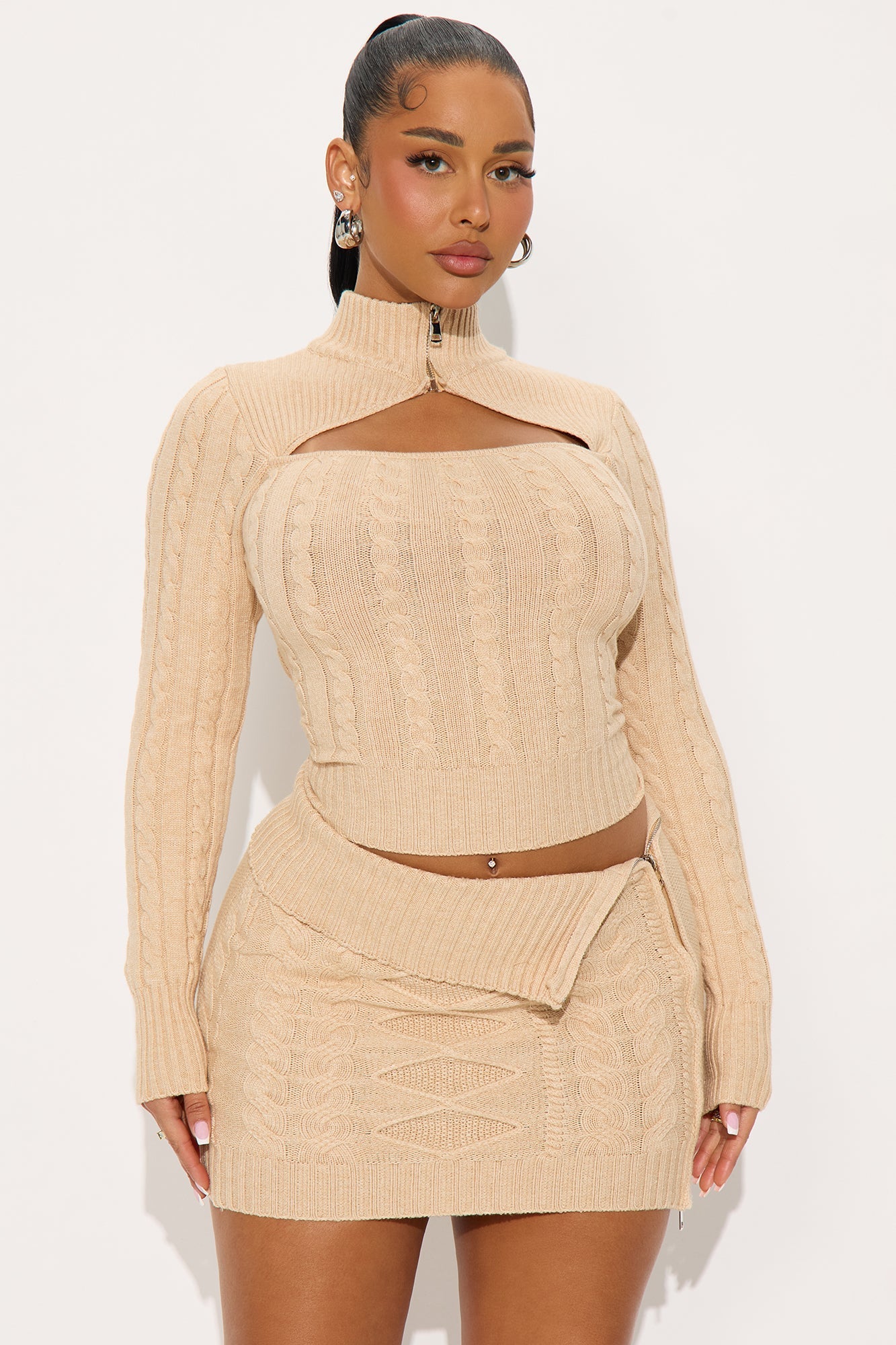Lessie Zipper Sweater Skirt Set - Taupe