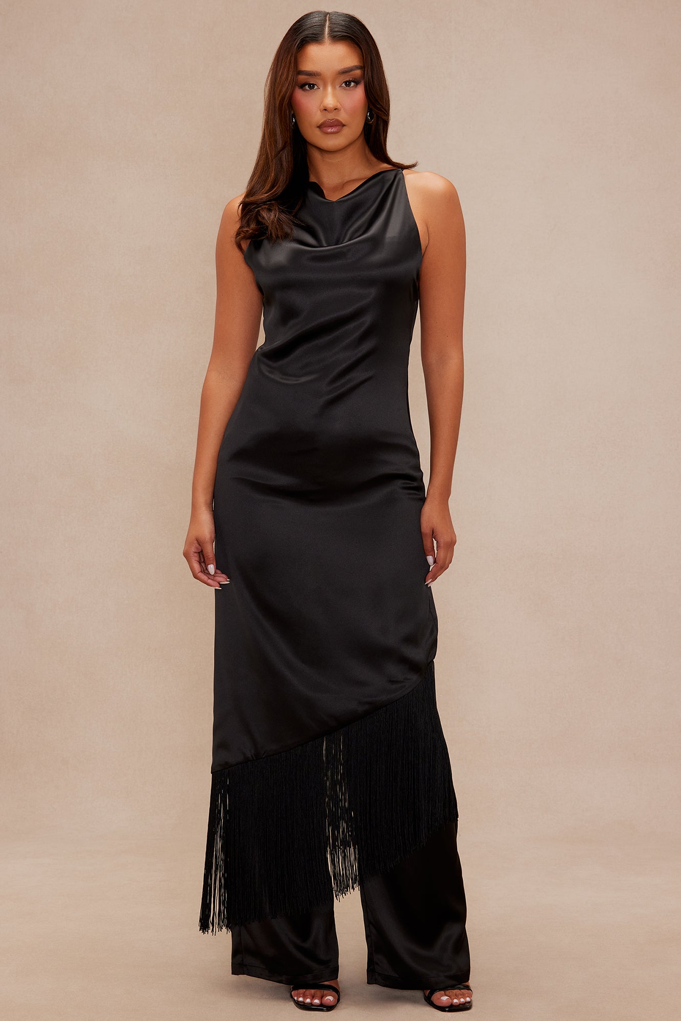 Ceile Fringe Satin Pant Set - Black
