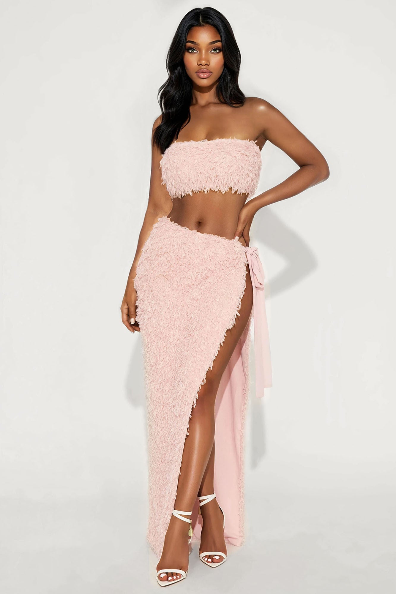 Flirt And Flair Feather Maxi Skirt Set - Pink