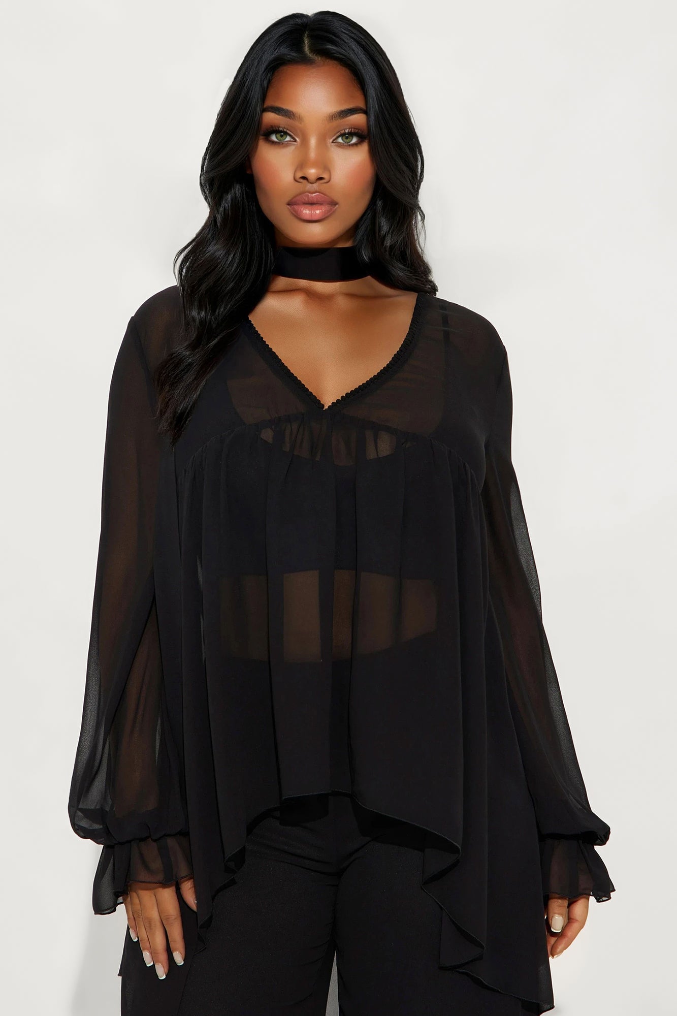 Karina Flowy Chiffon Wide Leg Pant Set - Black
