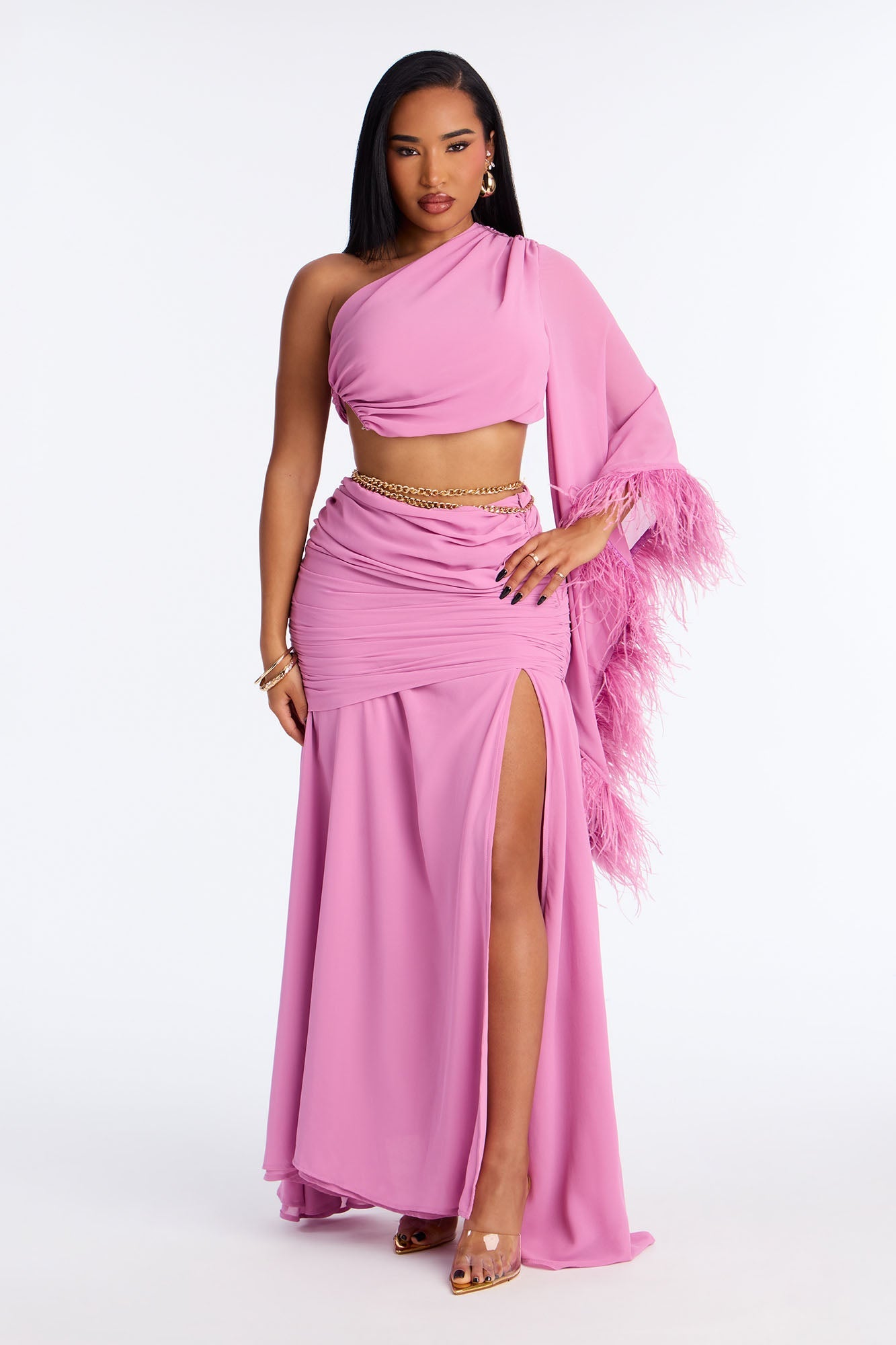 Athena Chiffon One Shoulder Maxi Skirt Set - Mauve