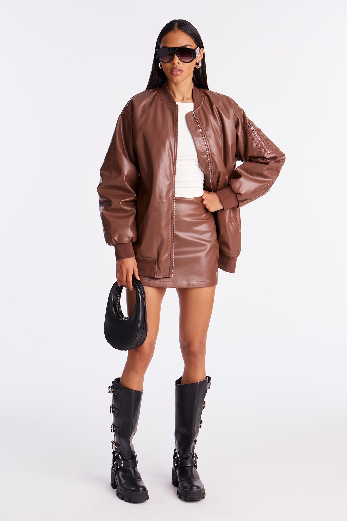 Soft Serve Faux Leather Skort Set - Brown