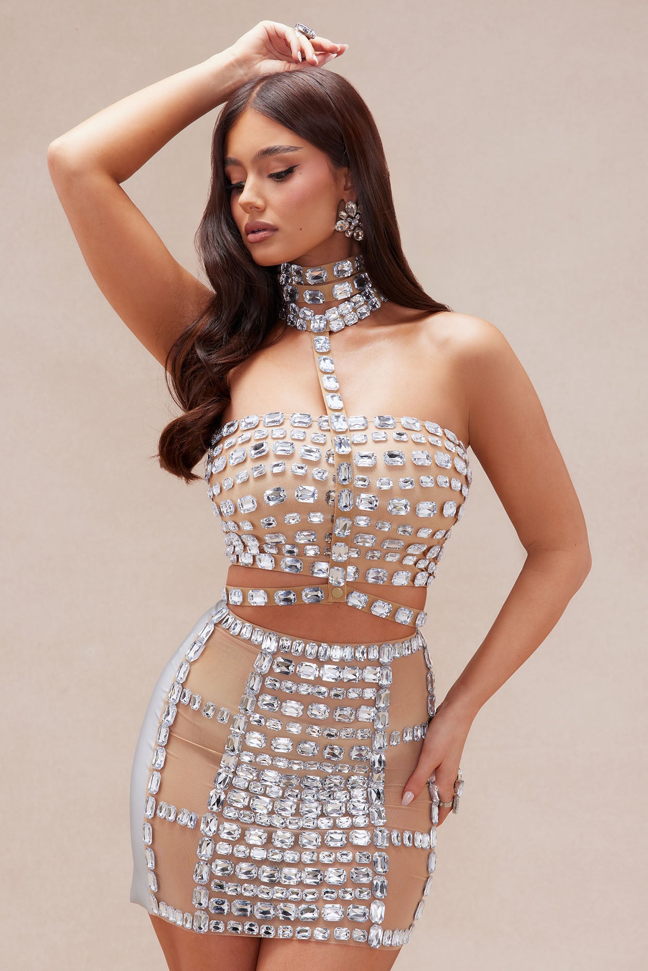 Paige Rhinestone Skirt Set - Nude/combo