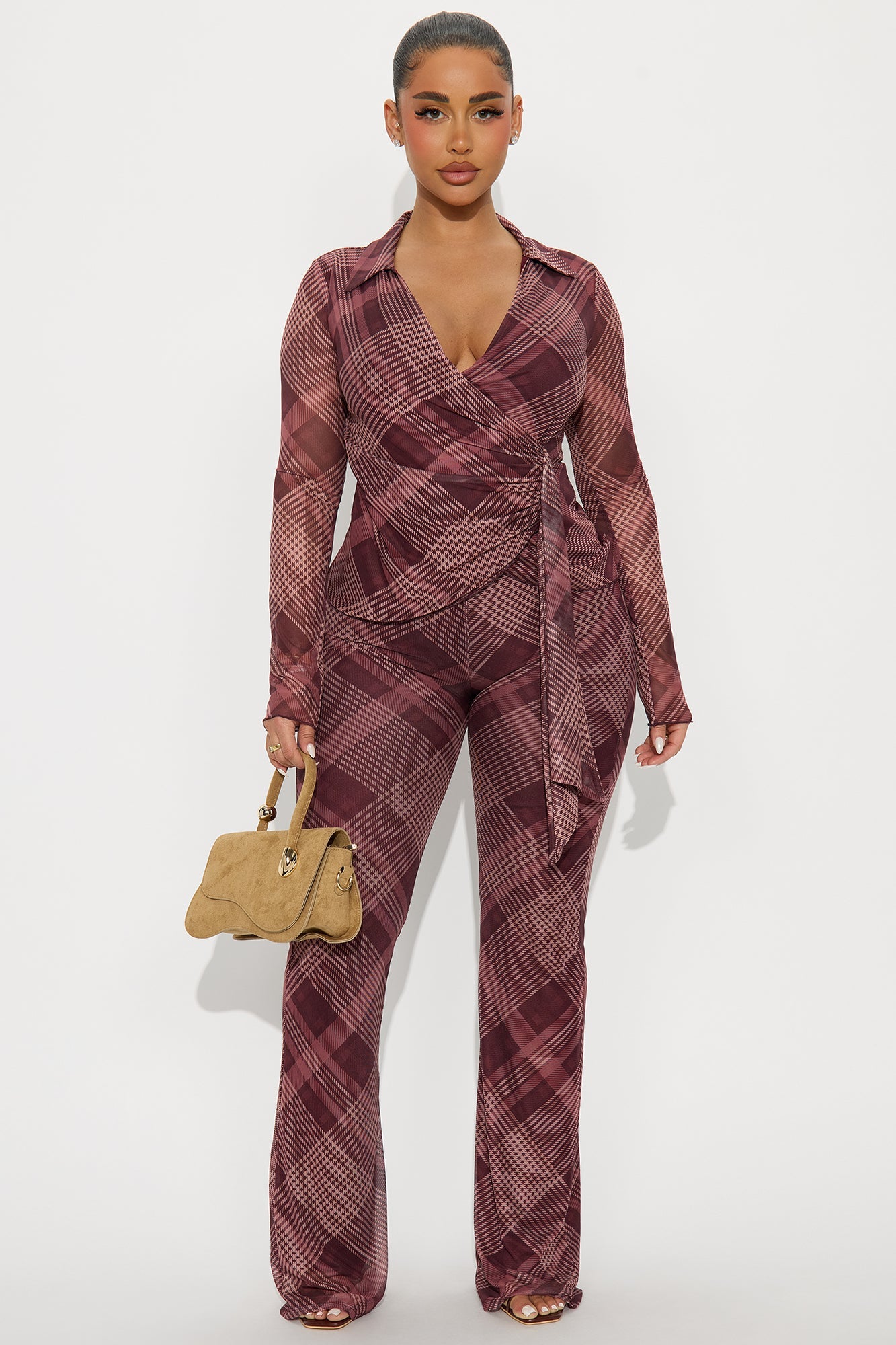 Cher Plaid Wrap Top And Pant Set - Burgundy