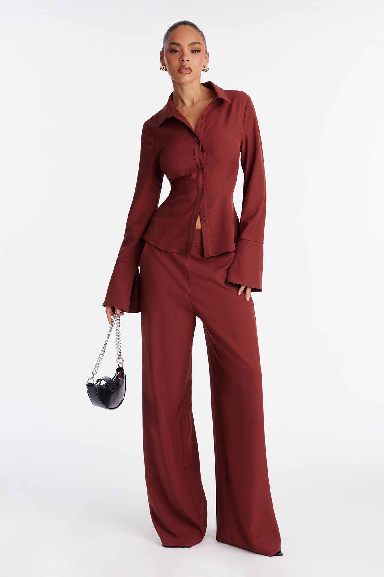 Brexley Button Up Shirt Wide Leg Pant Set - Rust