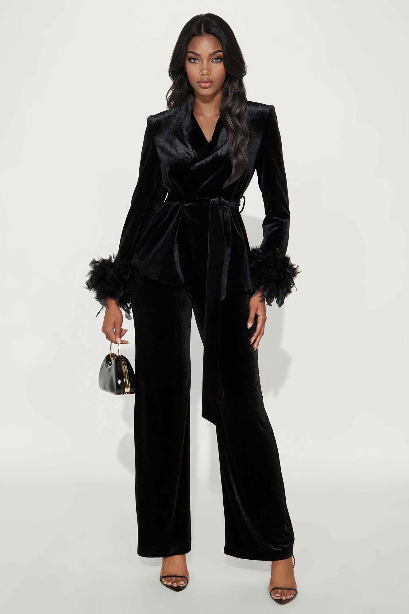 Kris Feathered Velvet Blazer Pant Set - Black