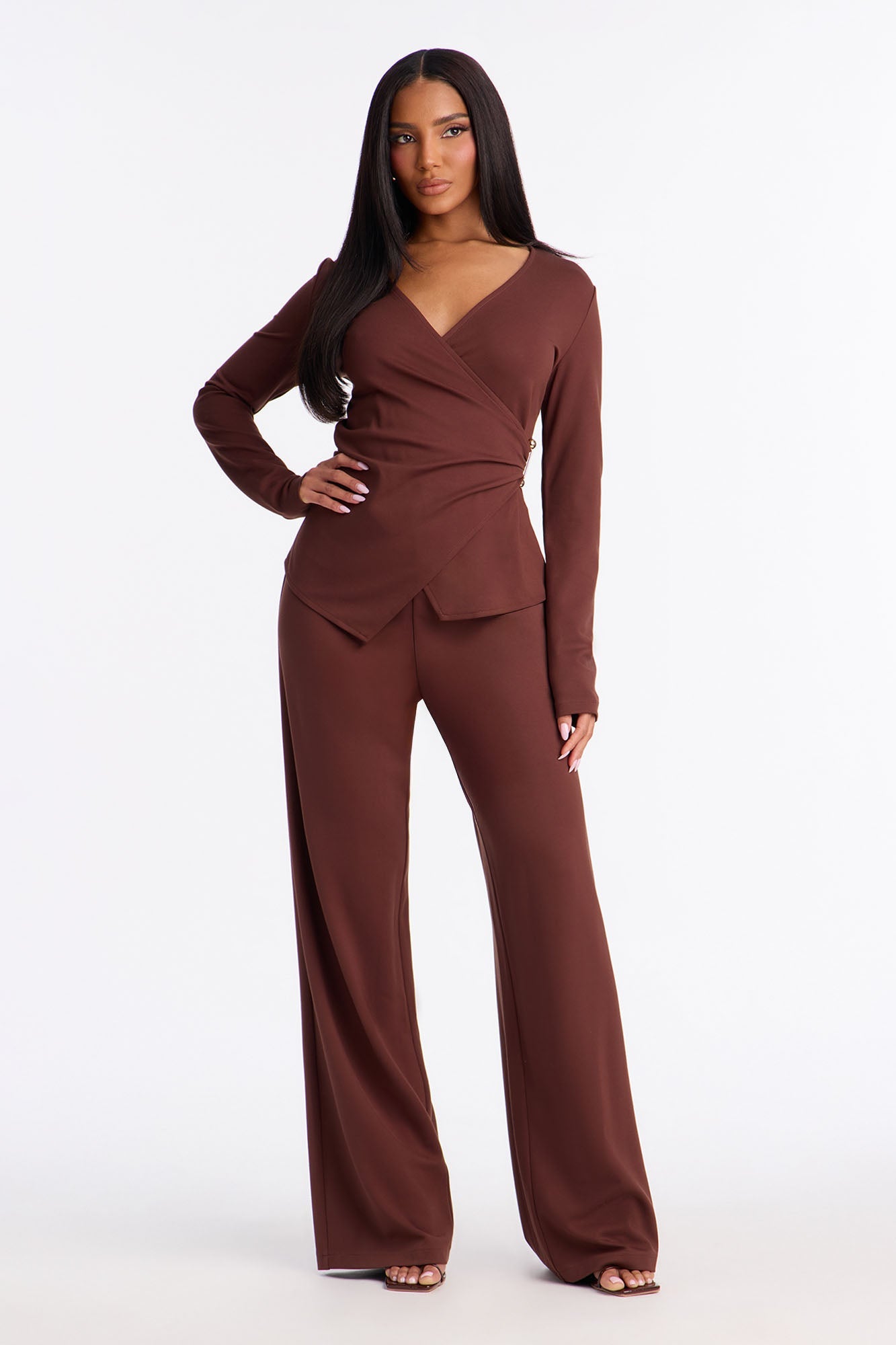 Helena Wrap Top And Wide Leg Pant Set - Brown