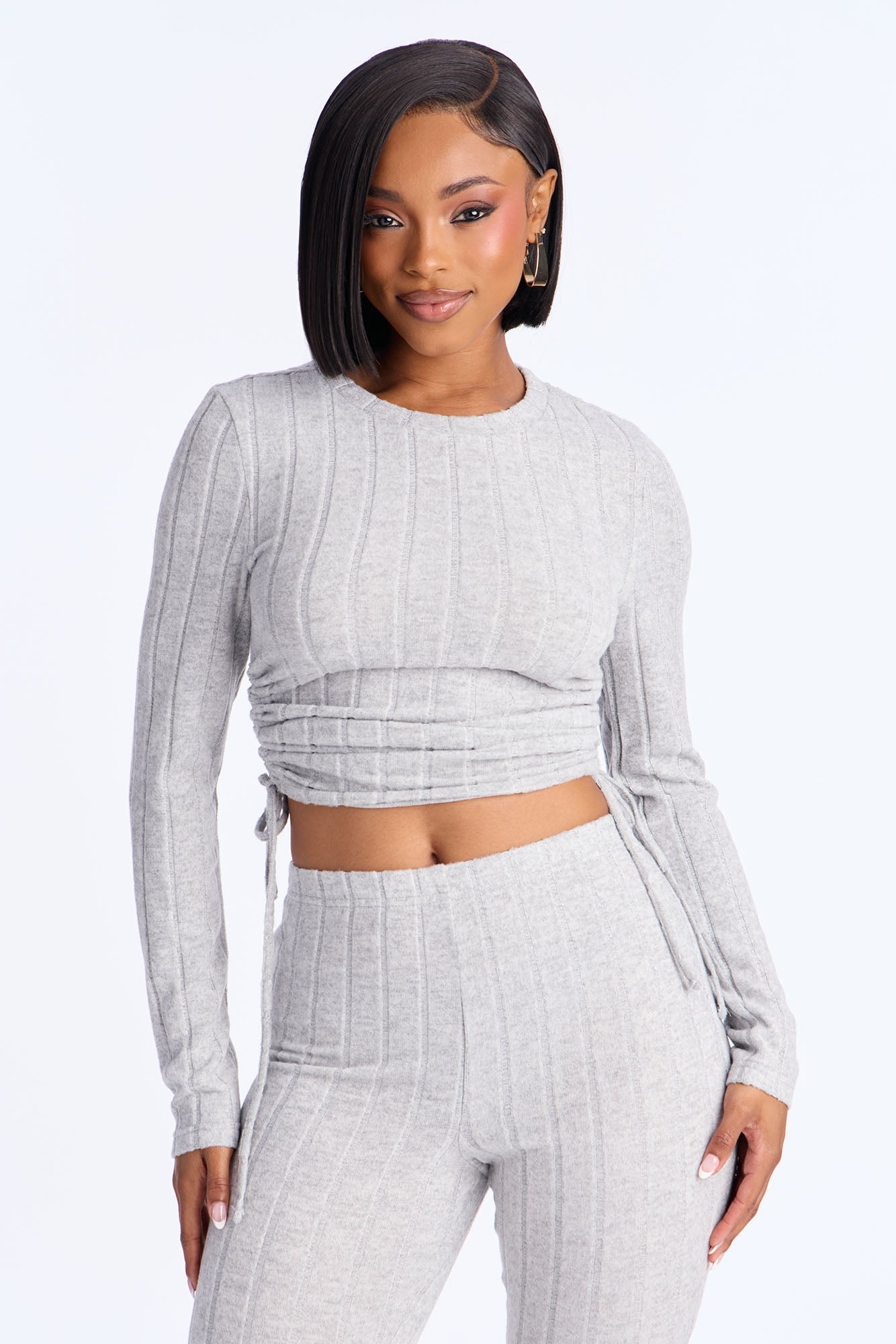 Cozy Night Ruched Wide Leg Pant Set - Heather Grey