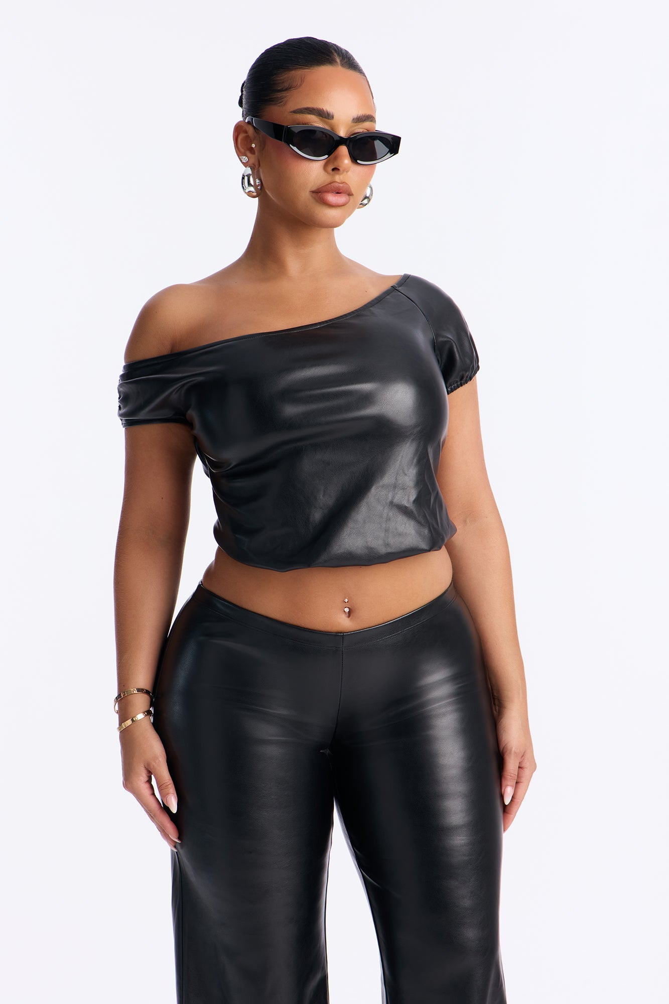 Roxy FAUX leather low rIse straight leg pant set - Black