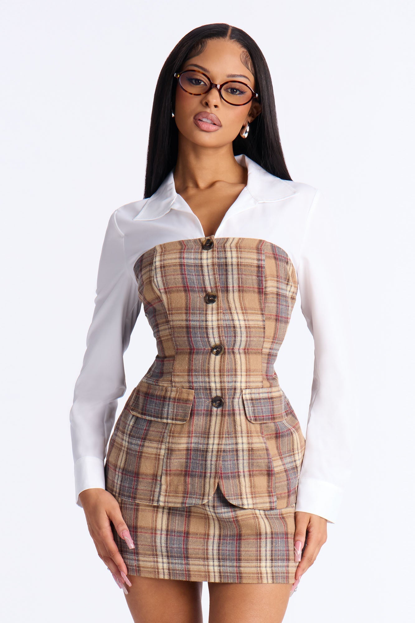 Check Me Out Plaid Skirt Set - Brown/combo