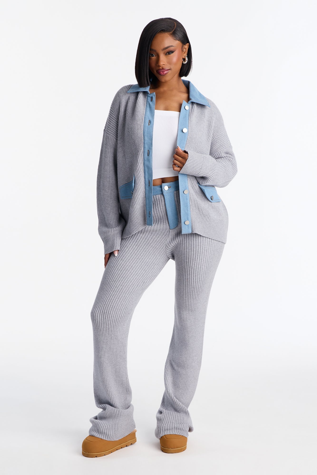 Michelle Denim Sweater Mix Pant Set - Grey