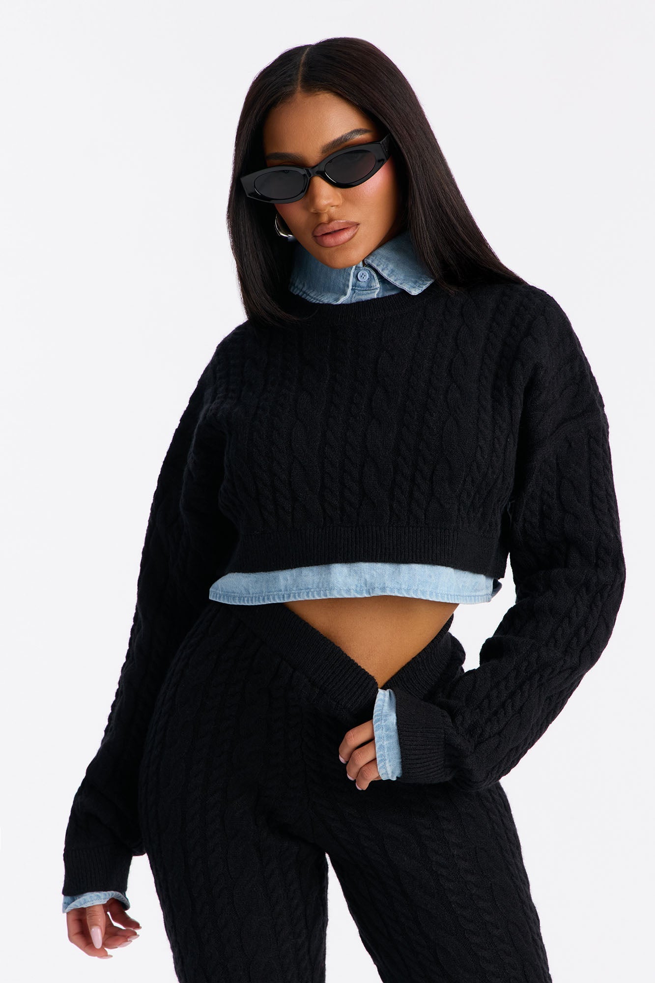 Lilah Layered Sweater Pant Set - Black