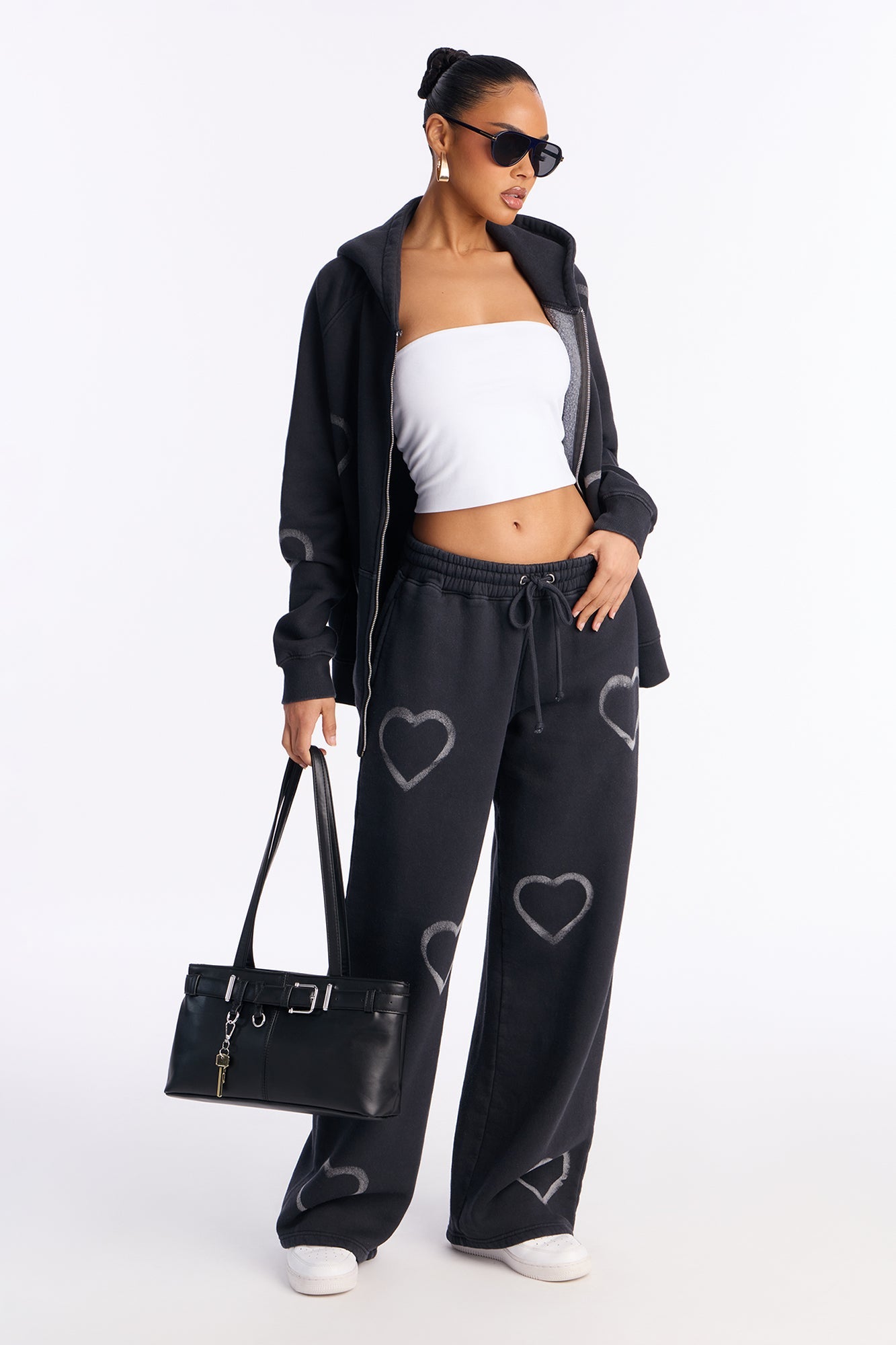 Heart On My Sleeve Fleece Pant Set - Charcoal