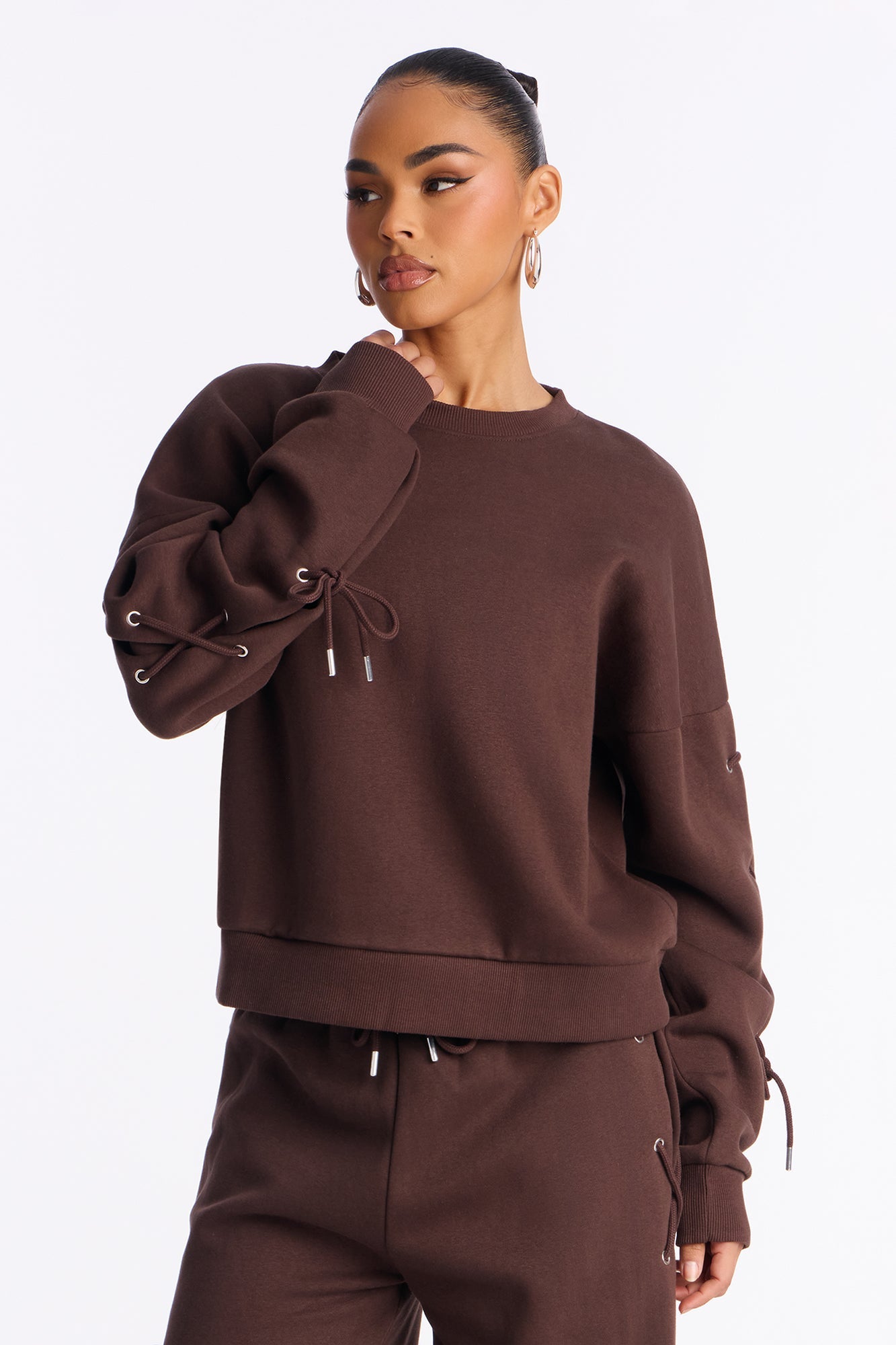 Caro Lace Up Sweatshirt Set - Brown