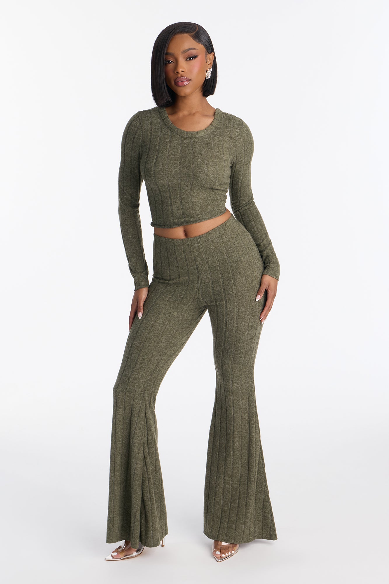 Just Because Ribbed Hacci Flare Pant Set - Olive