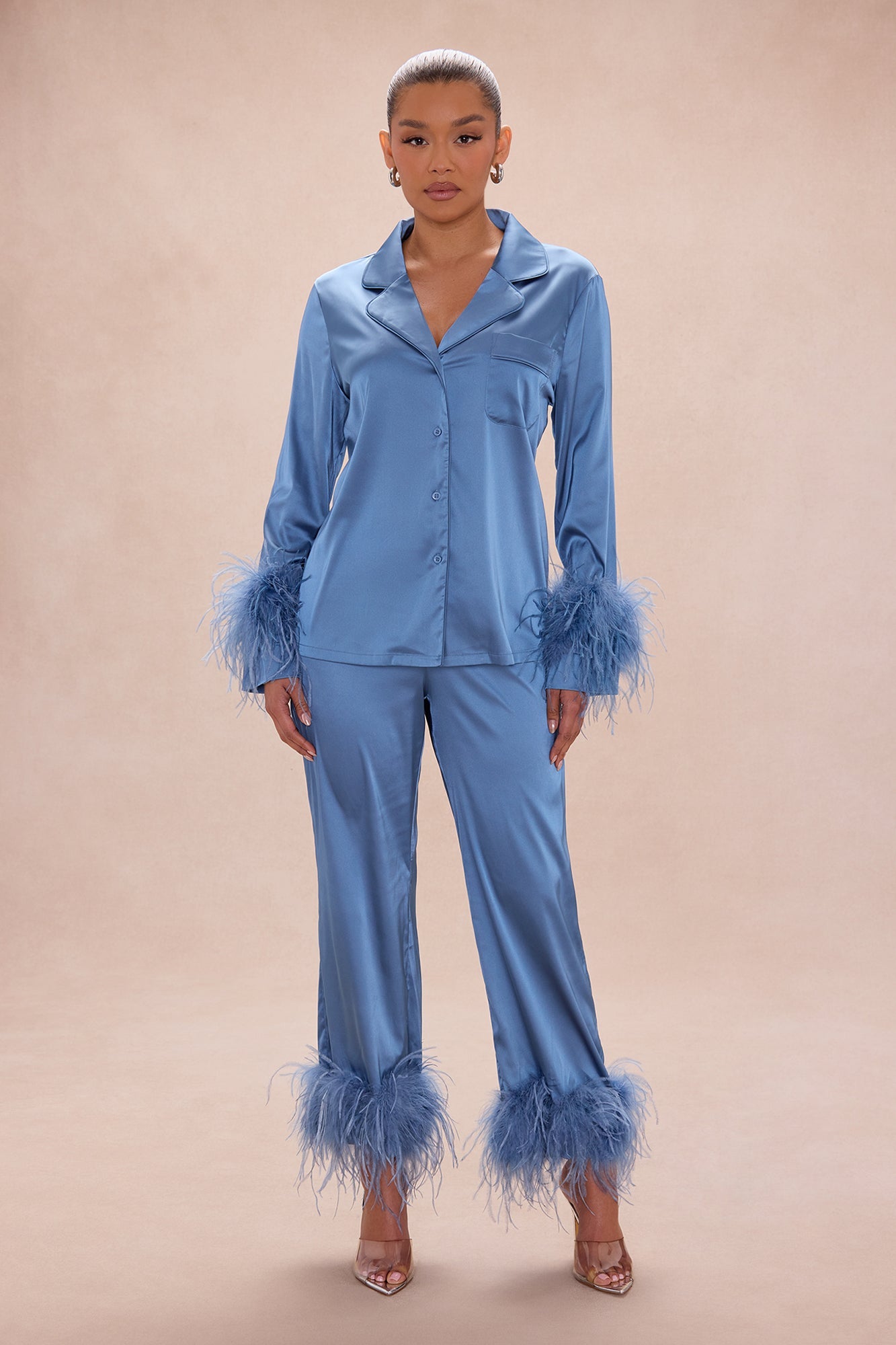 Alexandra Feathered Satin Pant Set - Slate Blue