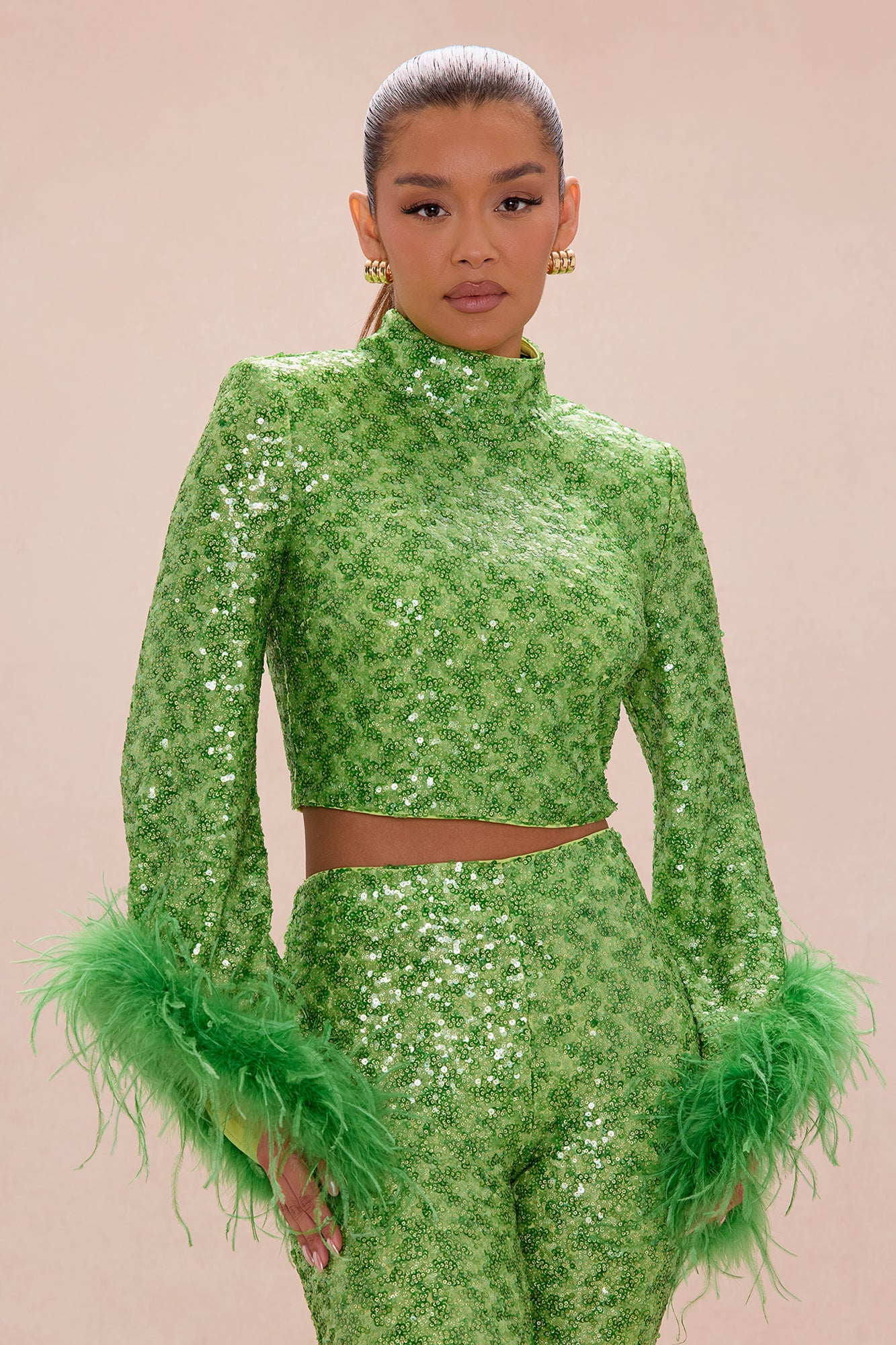 Opal Dreams Feathered Sequin Pant Set - Green