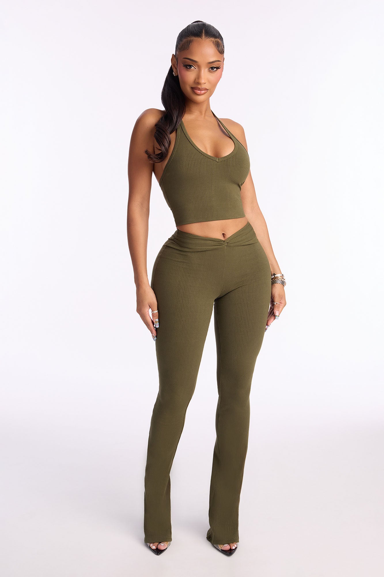 Gaia Tank Snatched Flare Pant Set - Olive