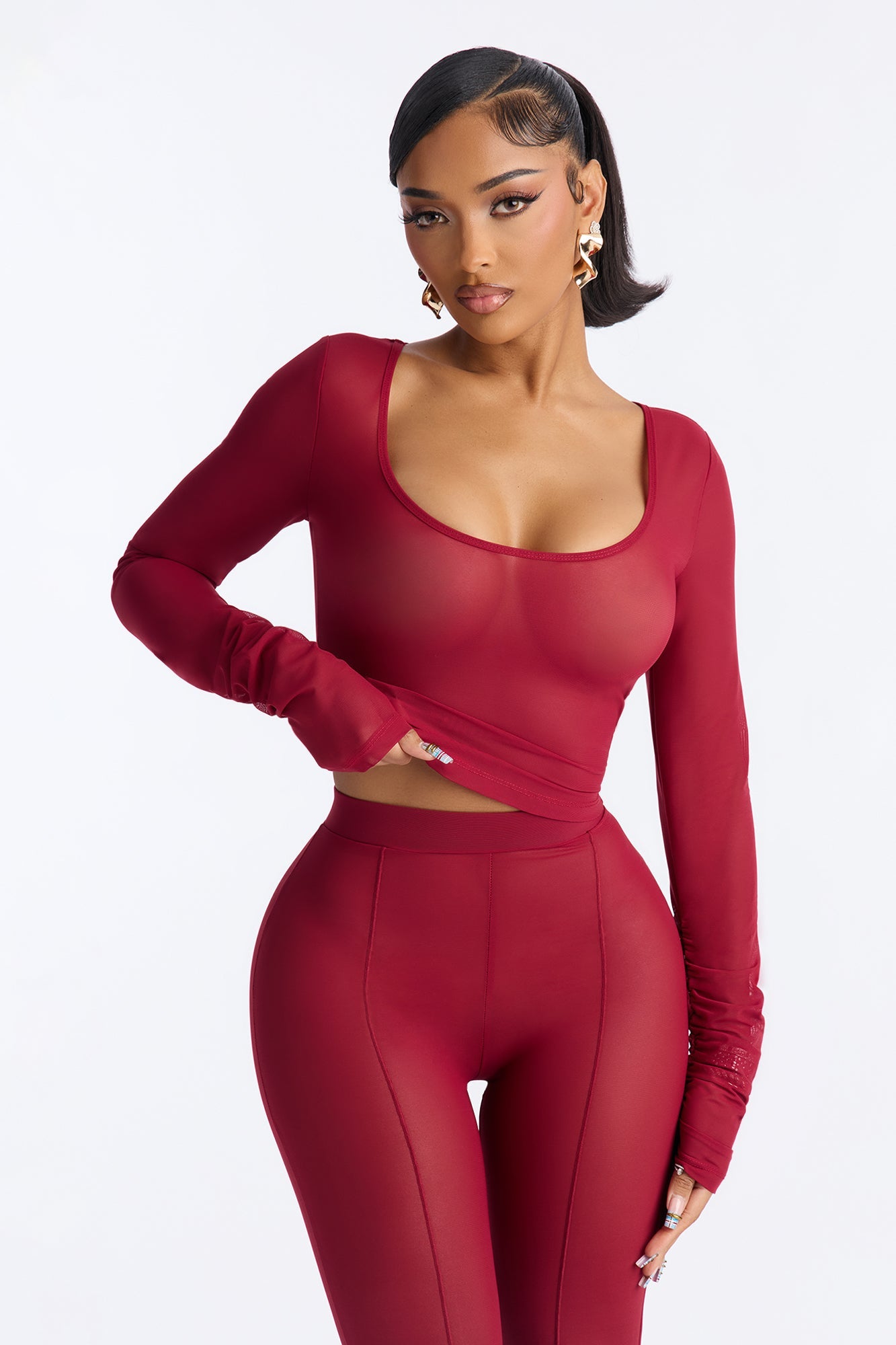 Power Mesh Scoop Long Sleeve Top And Skinny Pant Set - DarkRed