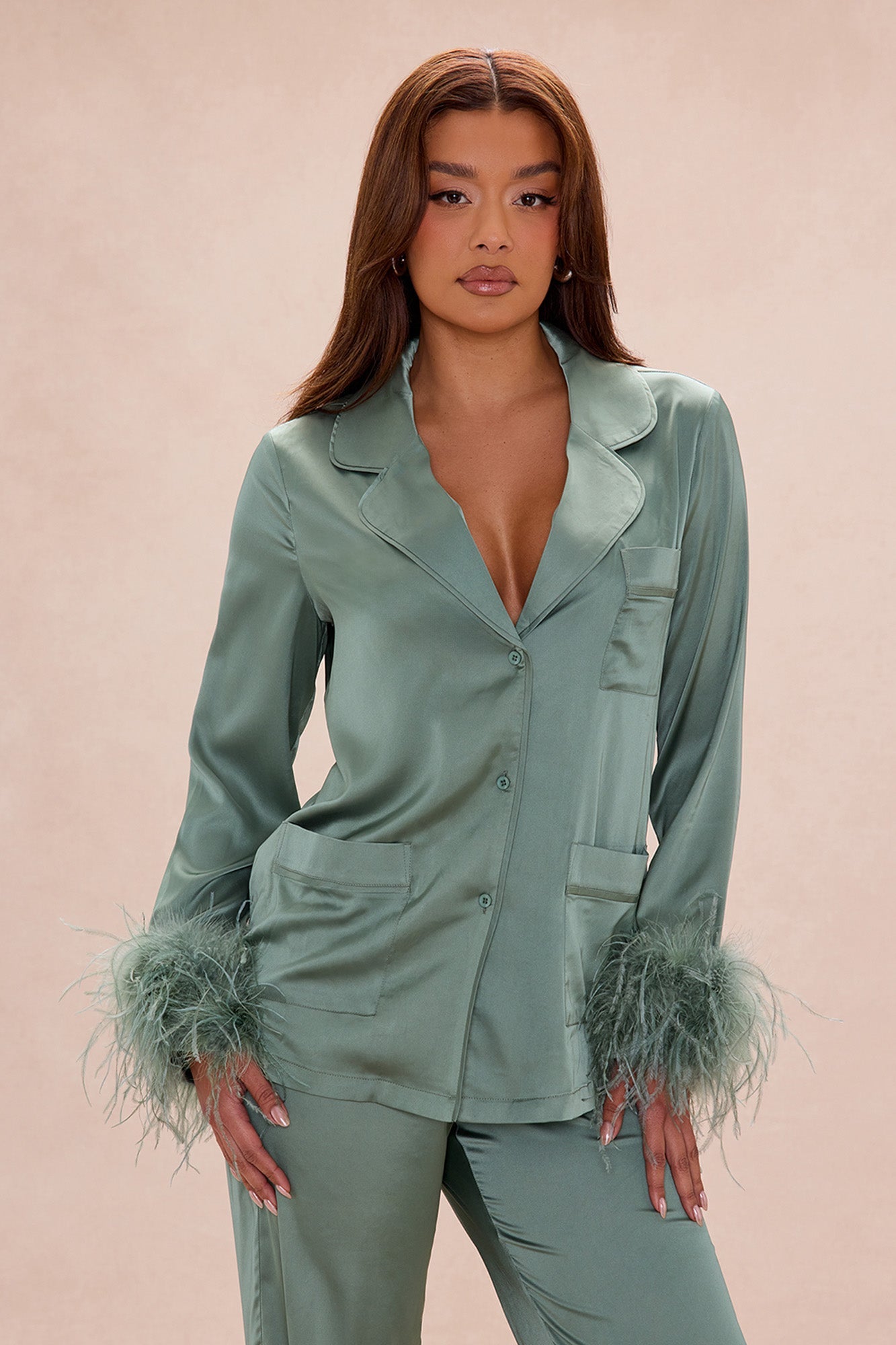 Regina Feathered Satin Pant Set - Sage