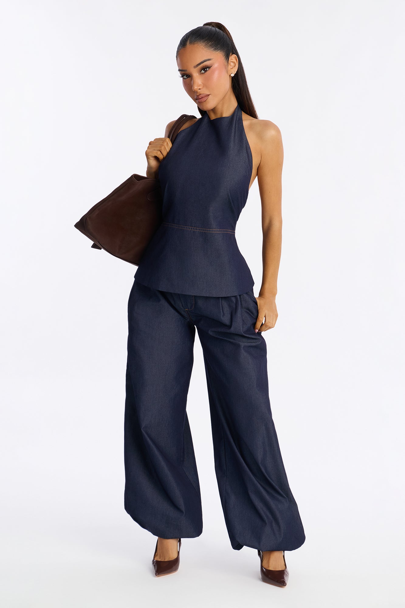Amelia Halter Balloon Pant Set - Dark Denim
