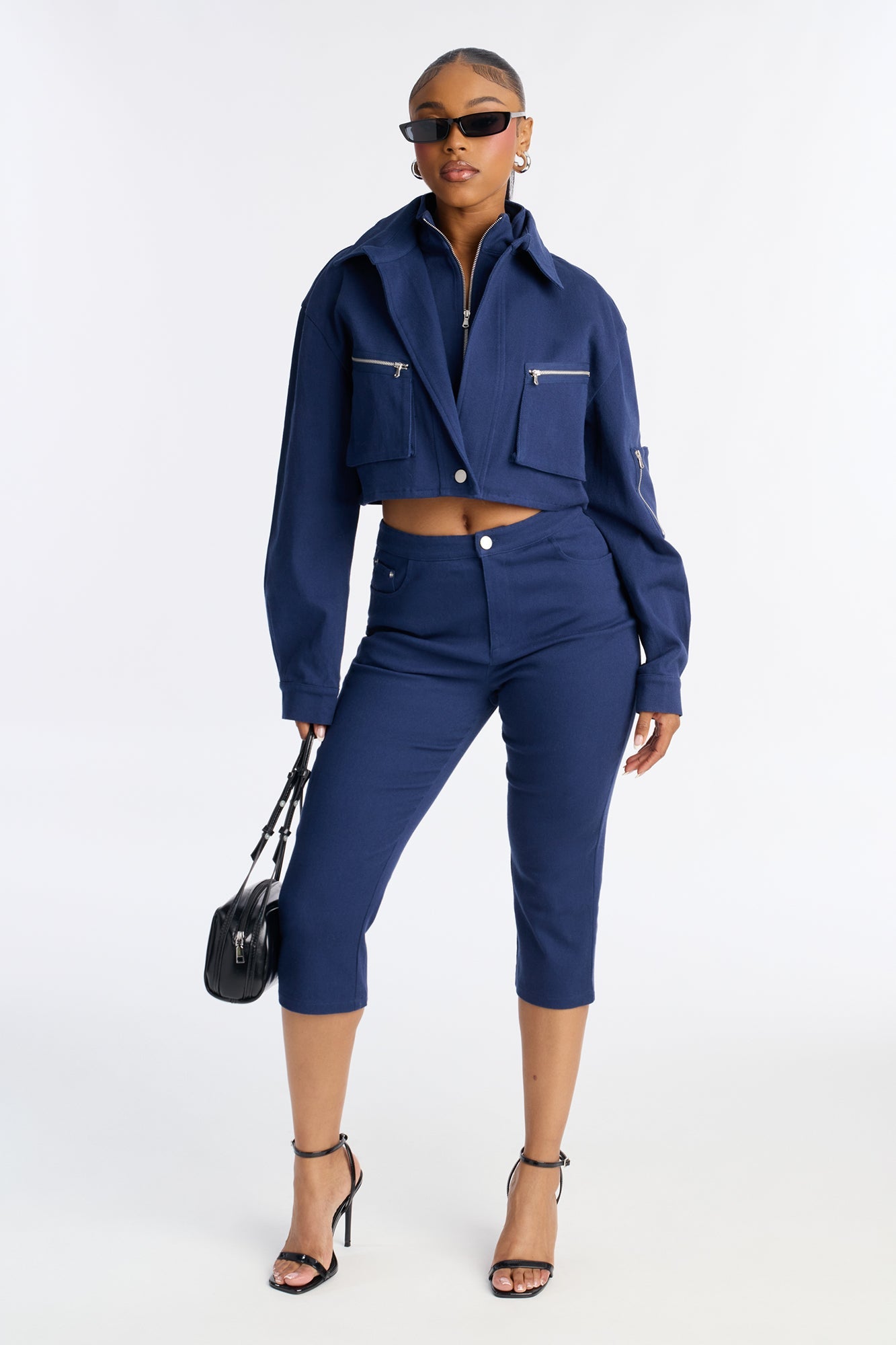 Angie Twill Cropped Jacket Capri Set - Blue